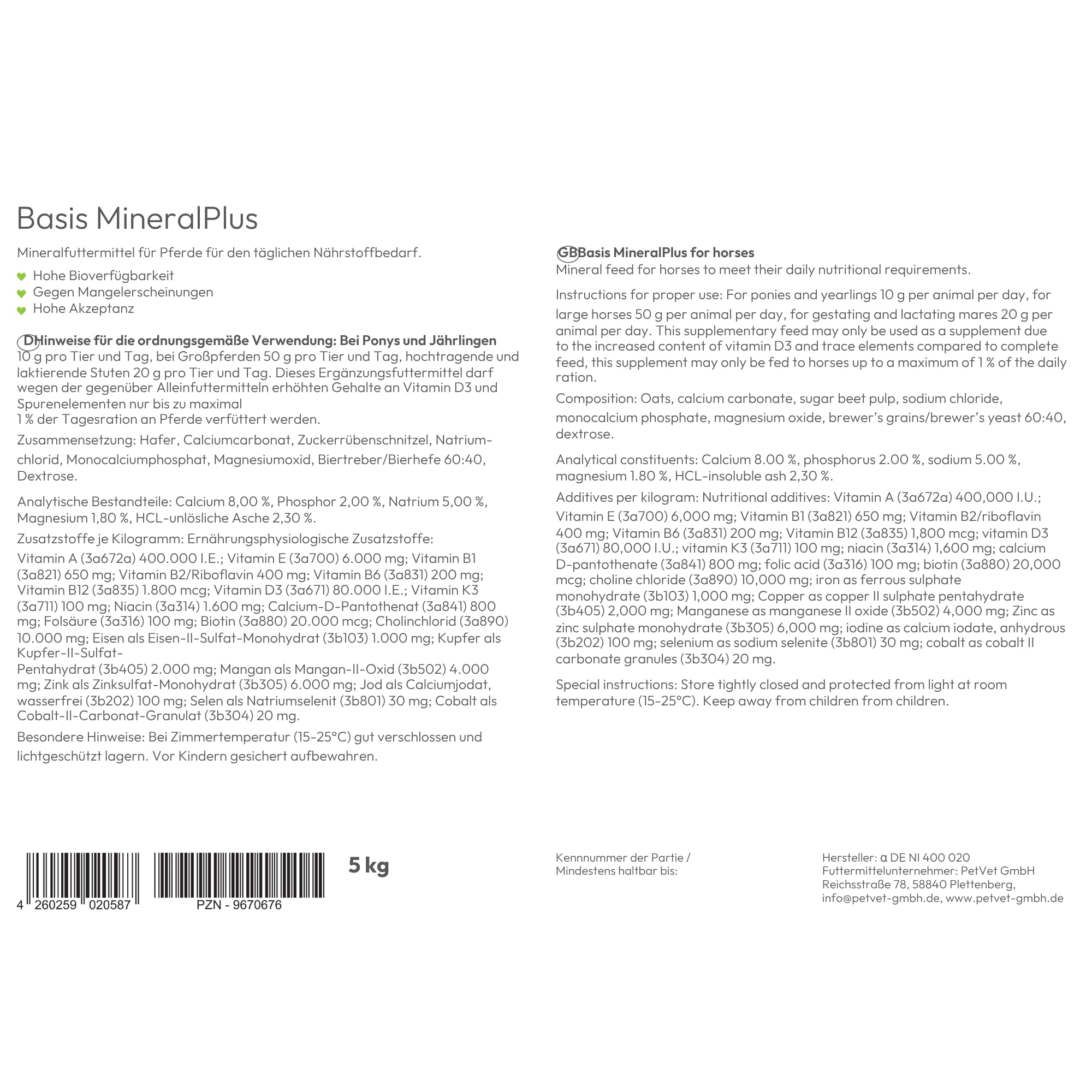 PHA Base Mineral Plus Caballo, Multi Vitaminas, oligoelementos y minerales para Las Necesidades diarias de nutrientes, pellets para Caballos, 5 kg