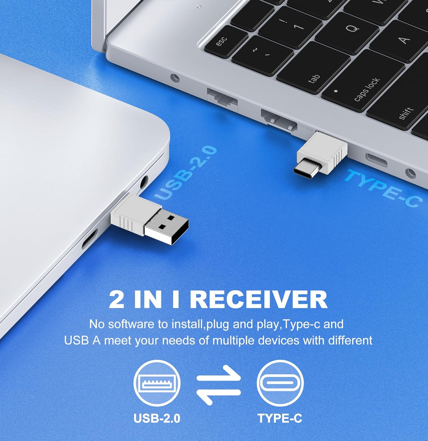 Image showing the 2-in-1 USB receiver being plugged into both USB-A and USB-C ports on a laptop.