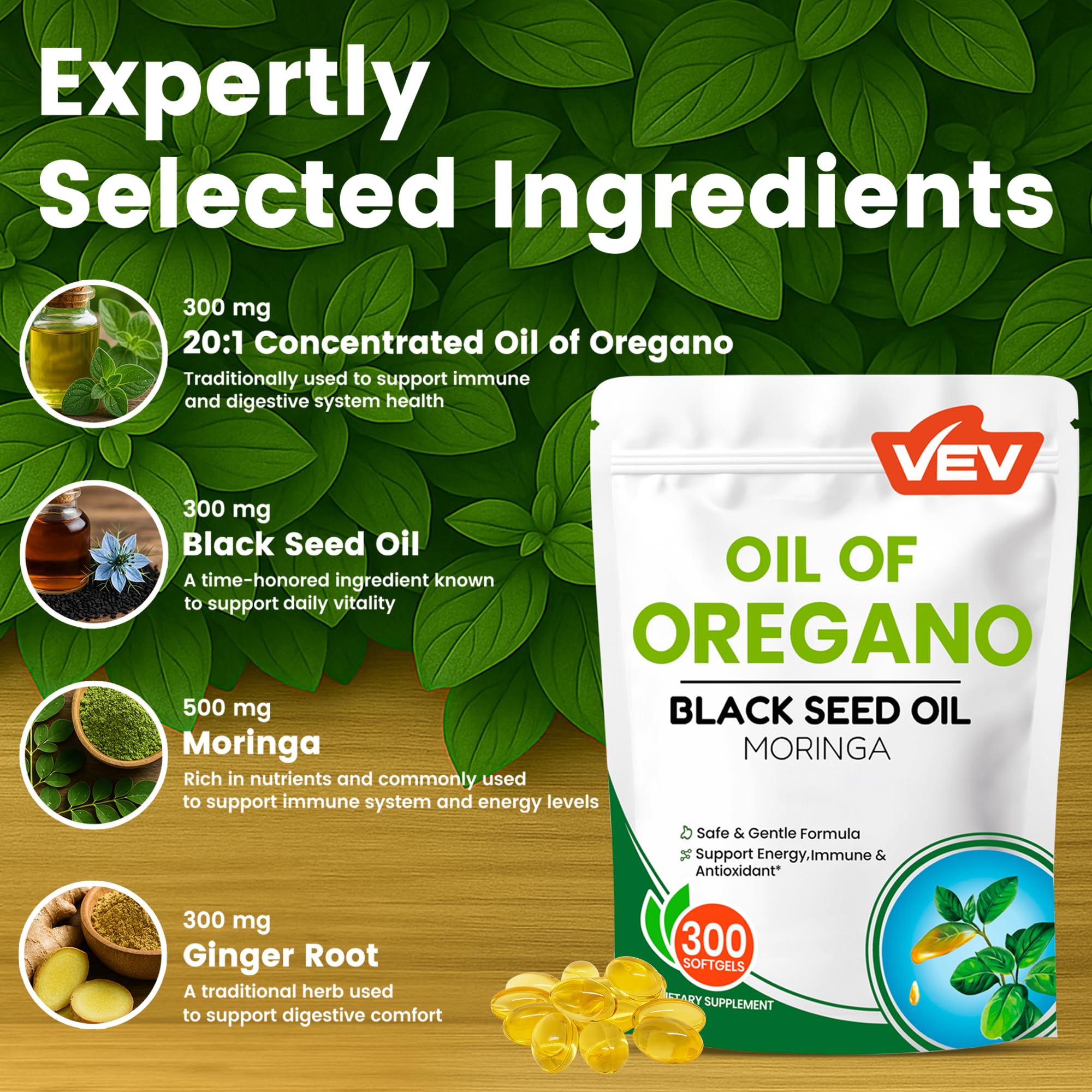 VEV 6000mg Oil of Oregano with Black Seed Oil & Moringa, Aceite de Oregano, Carvacrol-Rich, Organic, Opaque Airtight Packaging, 300 Softgels (Packaging May Vary)
