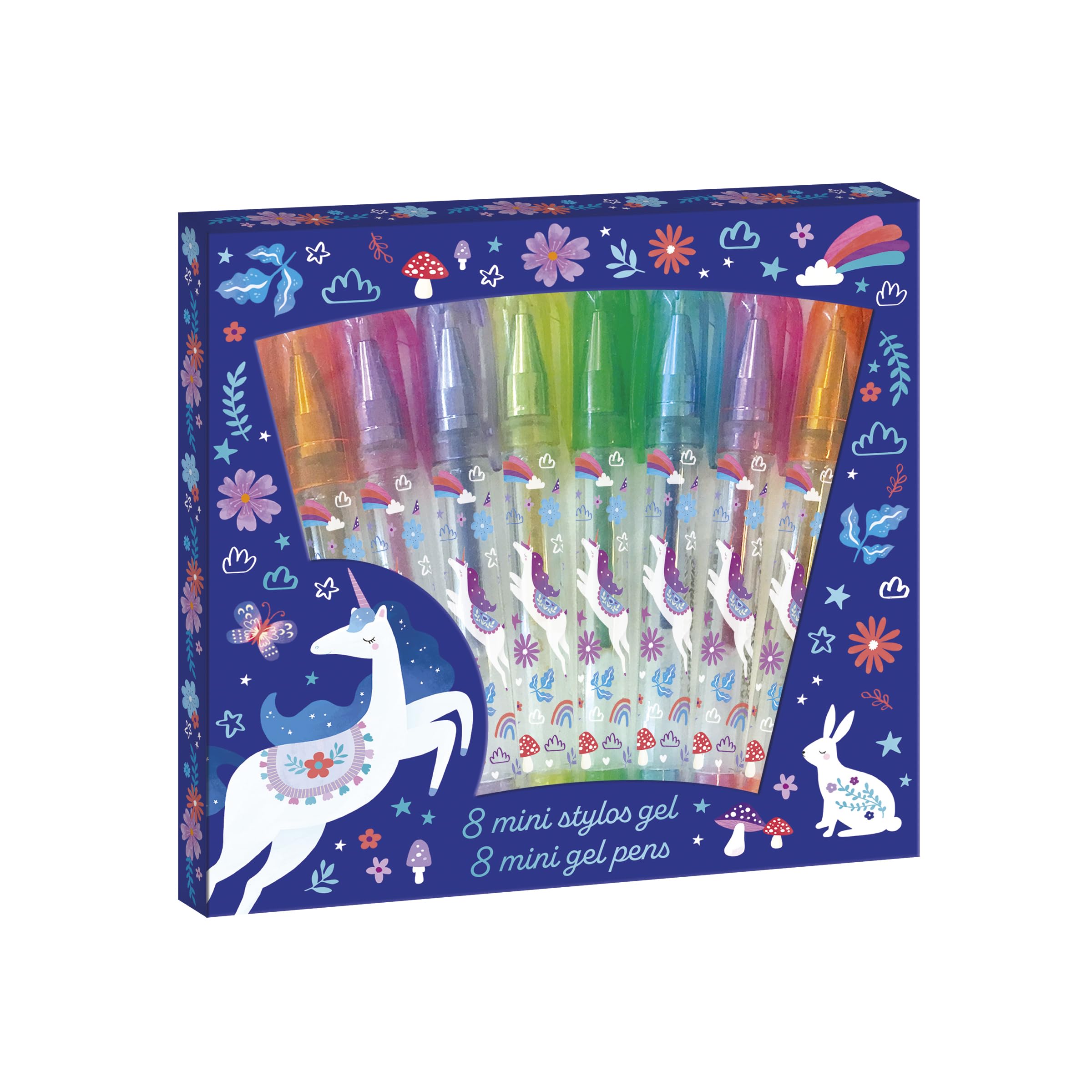 Janod, 8 Mini Glitter Gel Pens, Glitter Effects, Unicorn Theme, Pen for Drawing Colouring, Gift Idea for Teens, Stationery
