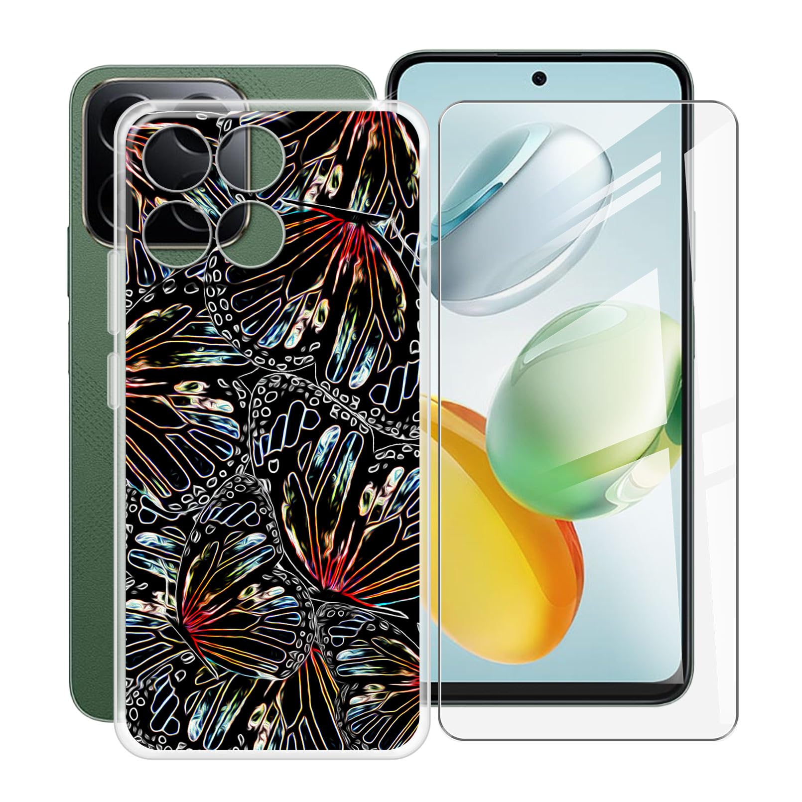 HGJTFANY Phone Case For Honor 200 Smart (6.80") With Tempered Glass Screen Protector, Ultra Thin Clear Shockproof X Anti-Scratch Soft Silicone Cover For Honor 200 Smart - White Flower