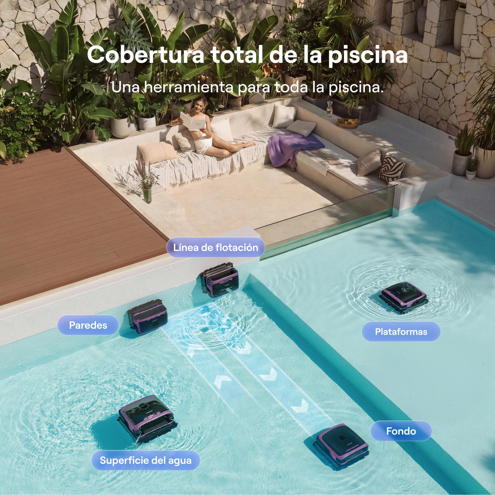 Beatbot Sora 70 Robot Piscina limpiafondos y Paredes, Glicina | Paredes, Plataformas y línea flotación,superficie,Aparcamiento en Superficie,App,para Piscinas elevadas y enterradas