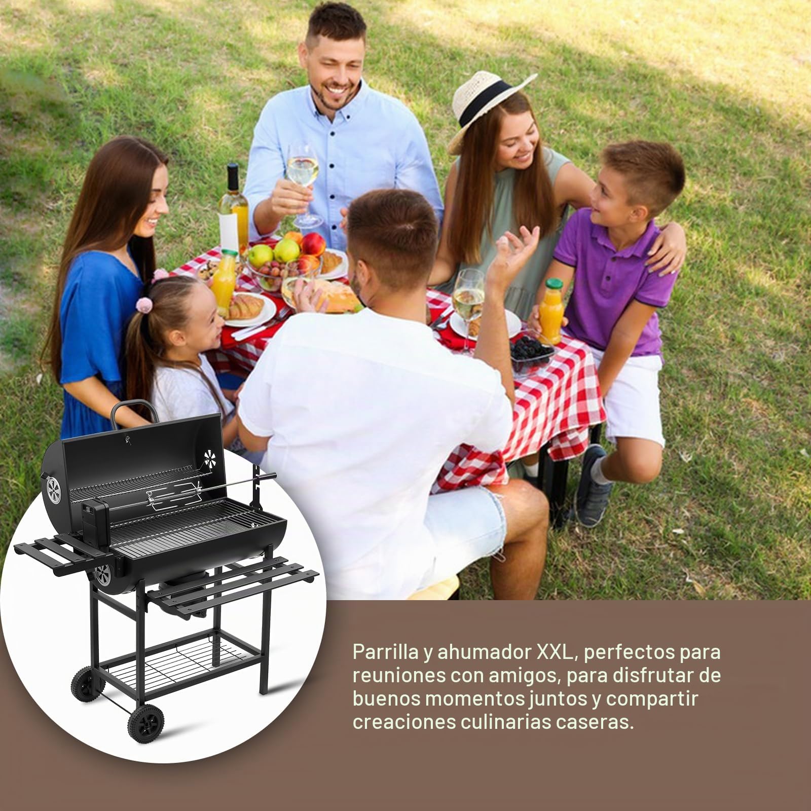 TEENO Barbacoa de carbón de madera Upgraded | Parrilla de carbón con tapa | Termómetro, cajón de ceniza, guantes antiquemaduras, ventilación ajustable | with 2*apron and Chicken Grill