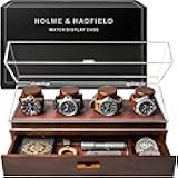 Holme & Hadfield Premium Wooden Watch Display Case–Handcrafted Men’s Watch Box with Accessory Drawer, Hinged Cover, Leather Lining–Birthday Gift for Collectors–Luxury Built to Last- 4 Watches | Walnut