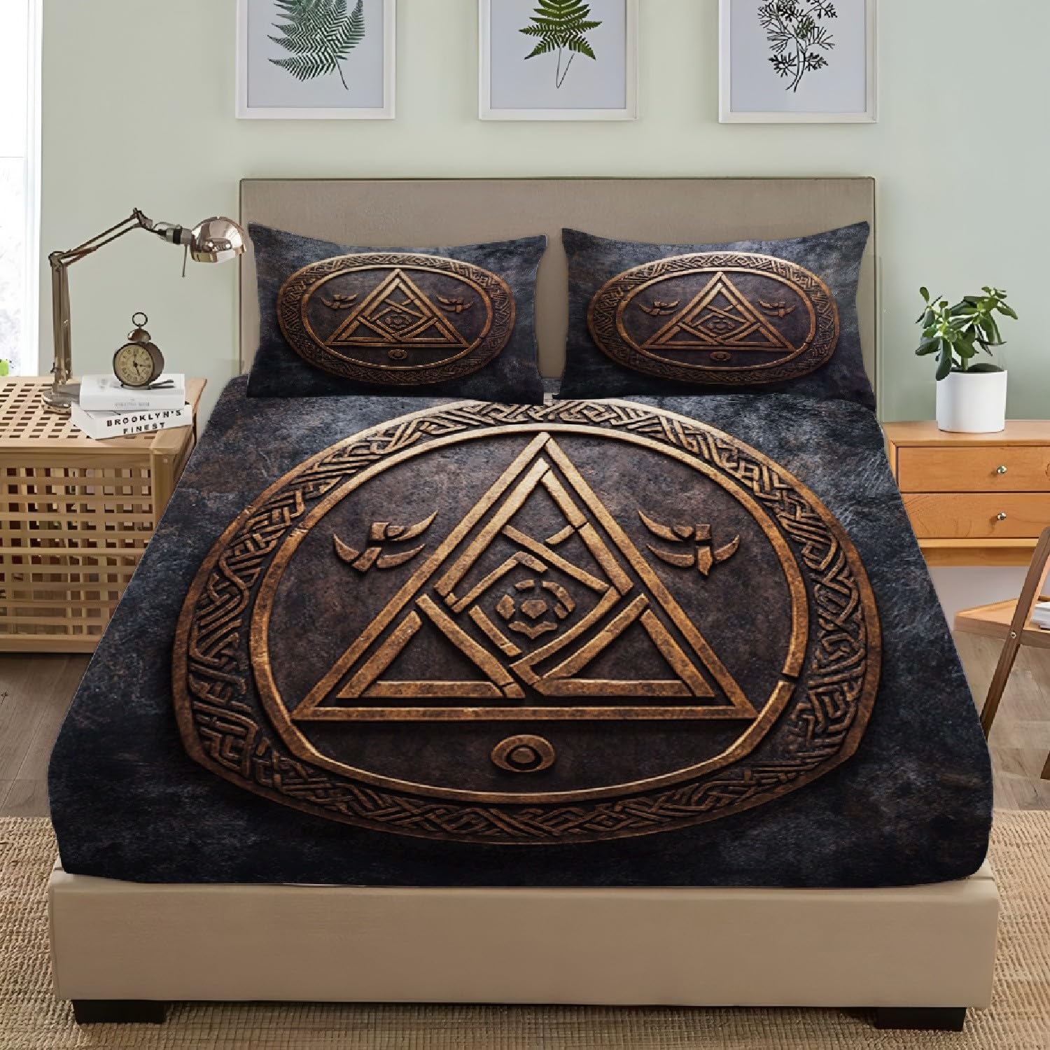 Drap housse hypoallergénique anti-plis 160x200 sombre avec motifs circulaires runes