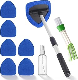 Nettoyage Pare Brise Kit, 6 Tampons Lavables, 1 Vaporisateurs, Nettoyage de Pare Brise avec Poignée Télescopique avec Poignée Pivotante à 180°, pour le Nettoyage des Vitres