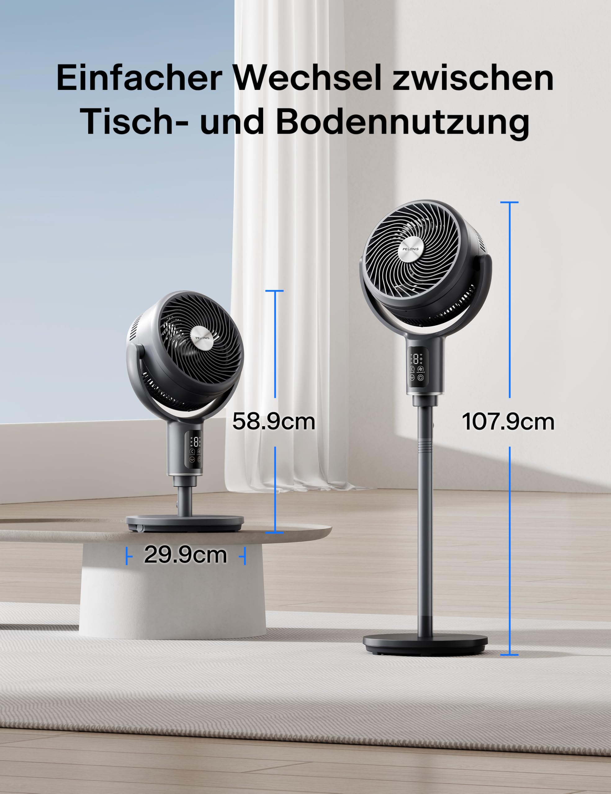 PELONIS Turmventilator mit Fernbedienung, 20dB Leiser Standventilator, 9 Stufen & 9H Timer, Höhenverstellbar, 135° and 100° Oszillation, Energiesparender für Schlafzimmer, Wohnzimmer