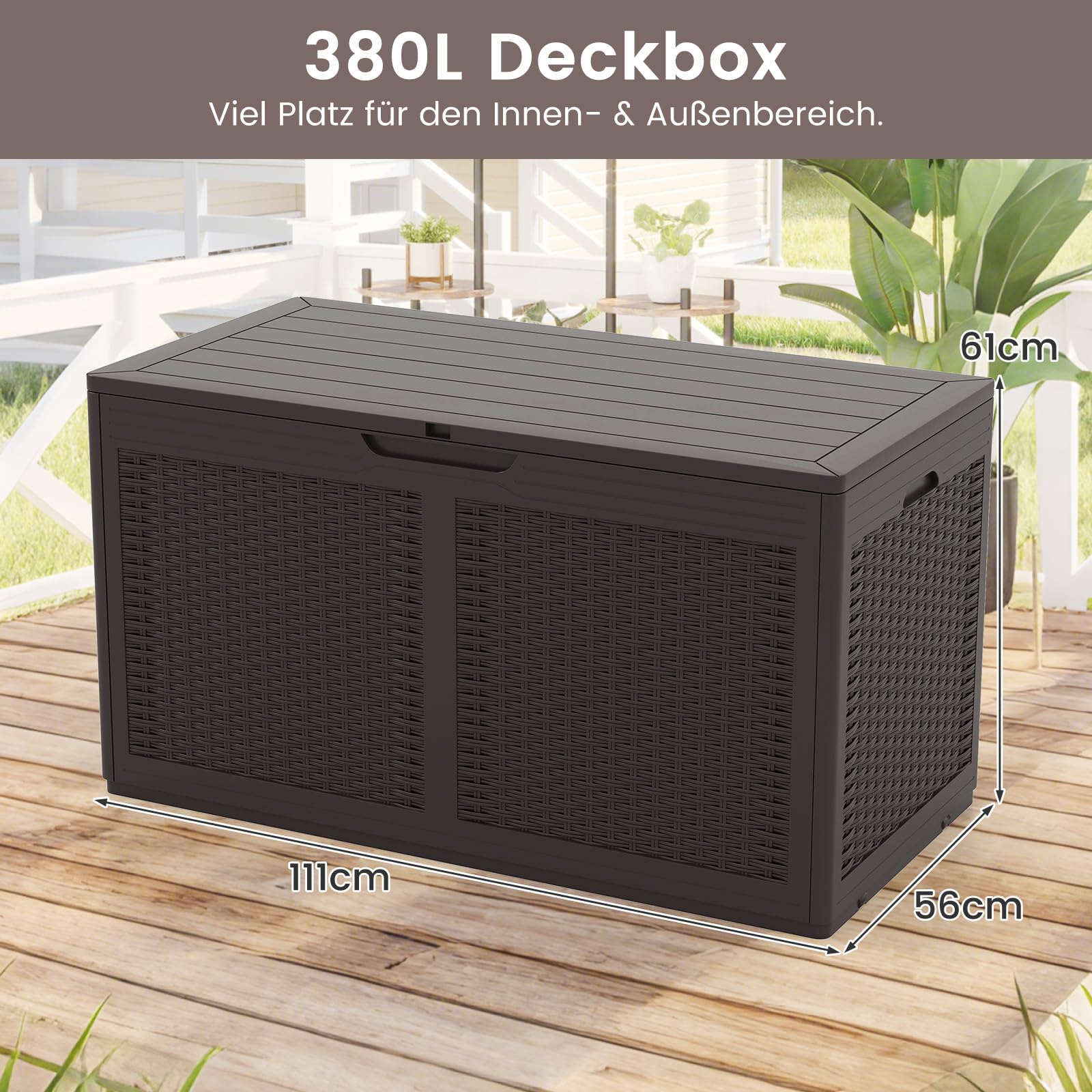 COSTWAY 380 L Gartenbox mit Rollen, Auflagenbox wasserdicht inkl. Deckel, Aufbewahrungsbox Gartentruhe mit Rattanstruktur für Poolzubehör, Gartengeräte & Balkon (Braun)