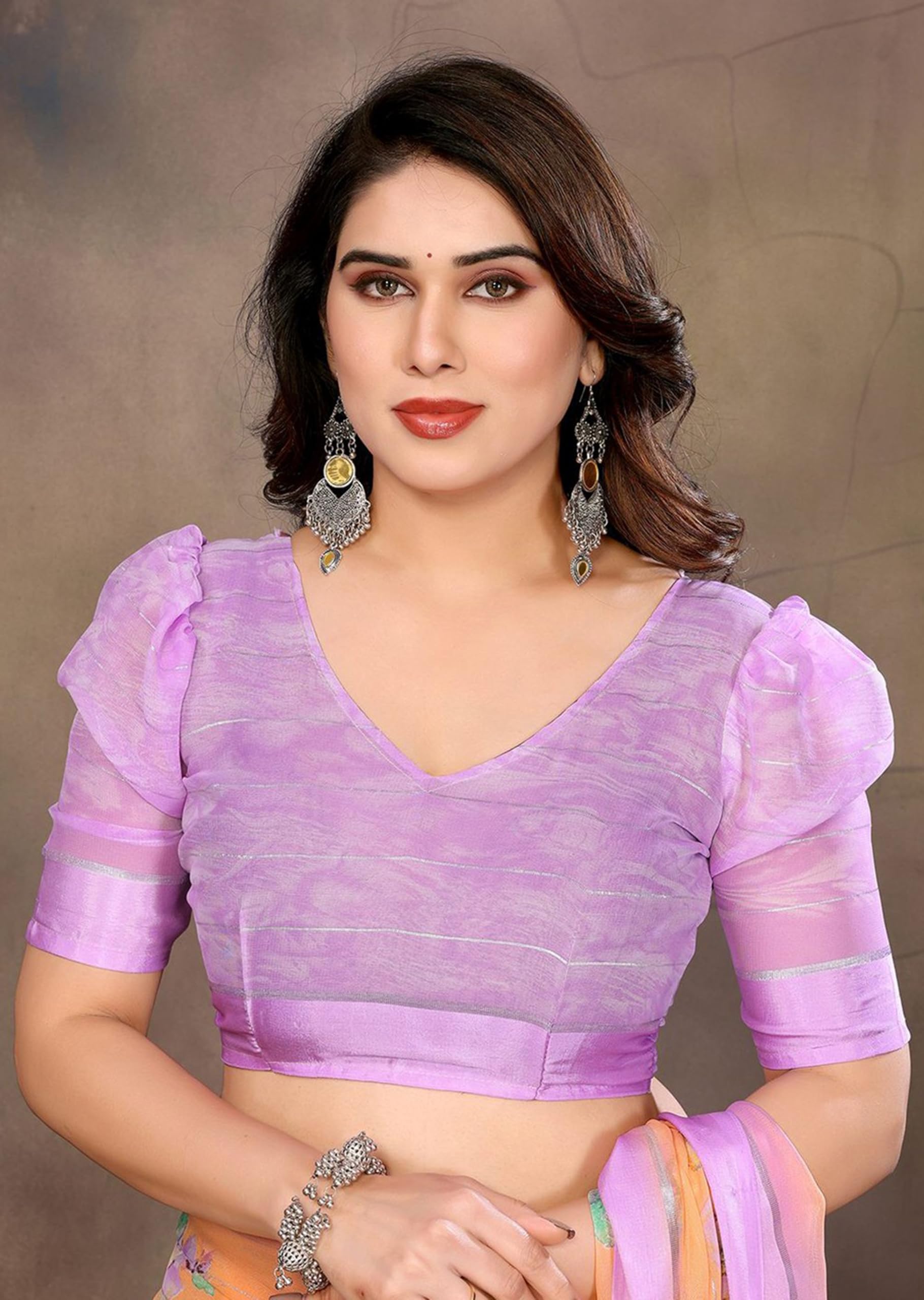 saree indiano donna Printed Georgette Light Weight Party Orange sari indiani donna Purple Blouse Piece-1198
