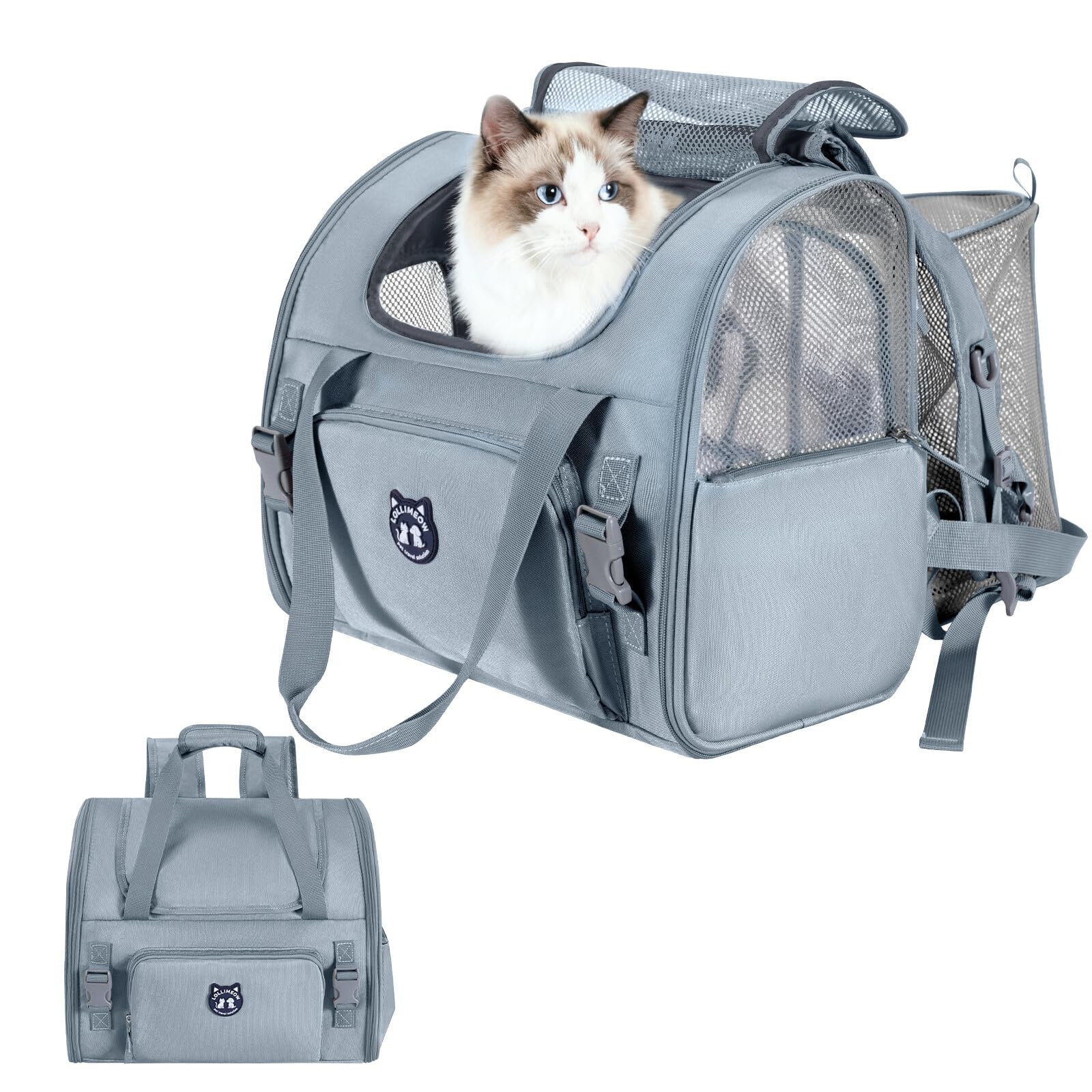 Lollimeow Expandable Cat Carrier Backpack for Large Cats - Airline Approved Pet Carrier Backpack for Small Dogs, Hiking & Travel, Waterproof with Breathable Mesh, 14lbs Capacity (Light Grey, Standard)