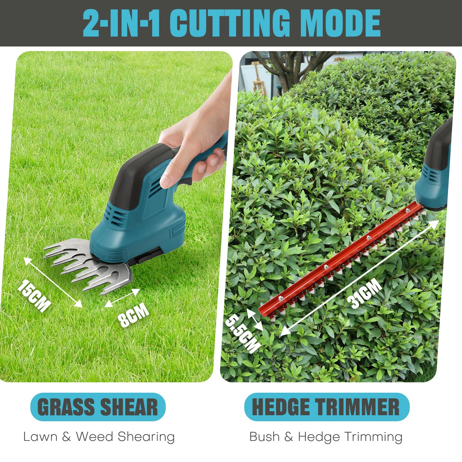 Cortasetos Electrico 2 en 1, 21V Cortasetos Bateria Podadora Electrica 18500RPM Tijeras de Césped con Batería de 1500mAh y Cargador para Jardín Patio Césped