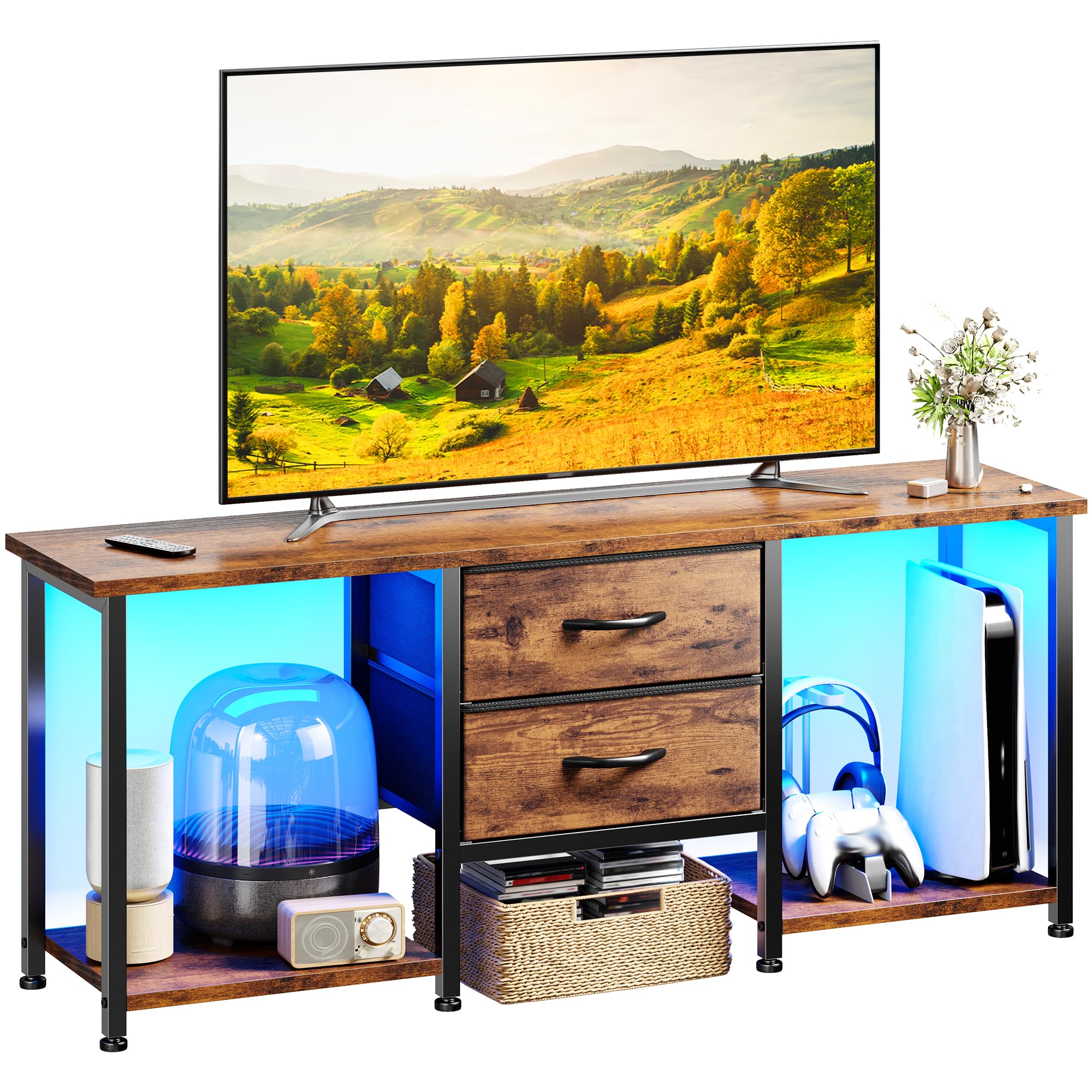 EnHomee LED TV Stand for TVs up to 55 Inch, Entertainment Center with 2 Fabric Drawers and 2 Open Storage Shelves, TV Console for Living Room, Bedroom