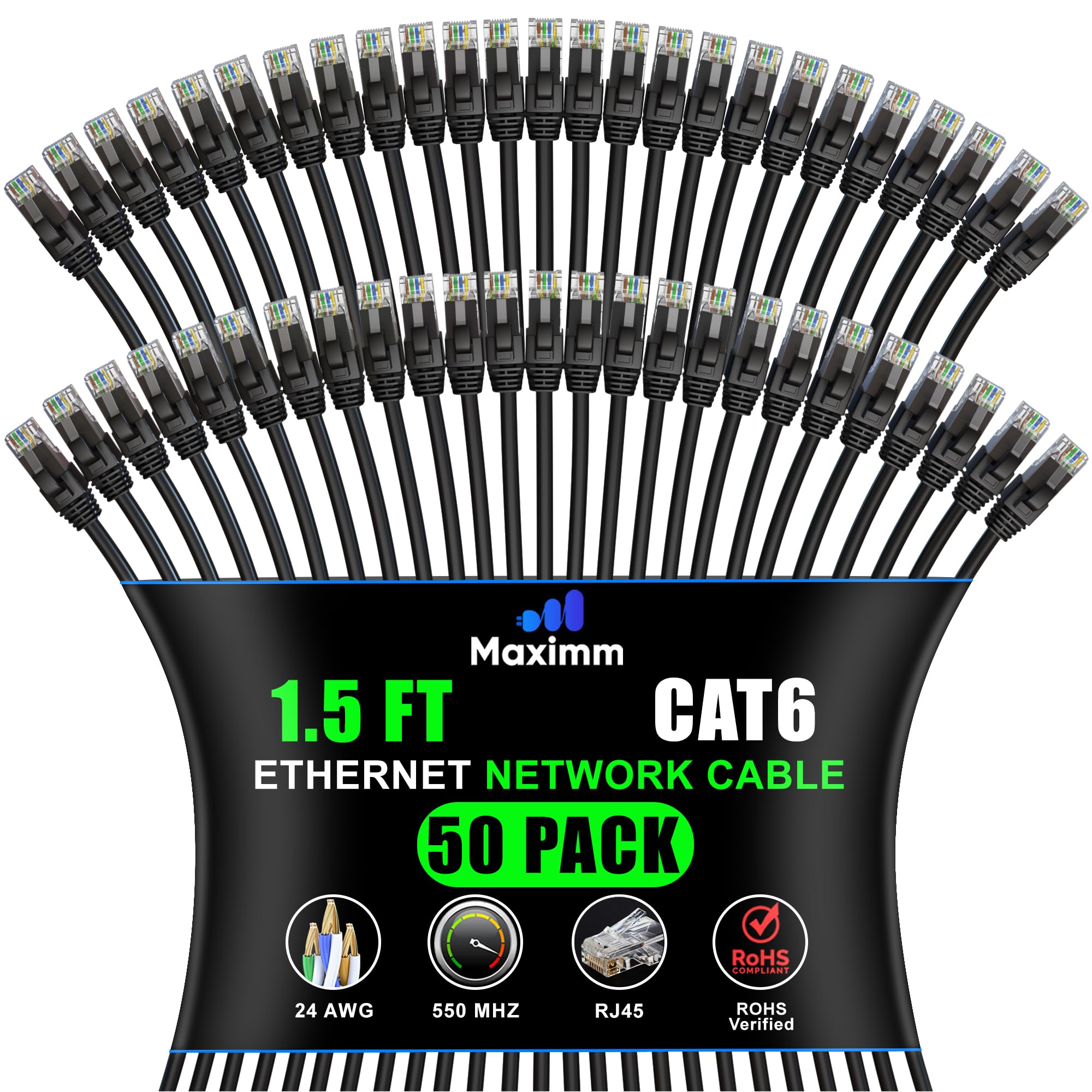 Lot de 50 câbles Ethernet Cat6 de 0,5 m, câble Ethernet CCA, UTP, câble LAN, câble réseau, cordon Ethernet haute vitesse avec connecteurs RJ45, prend en charge Cat6/Cat5e/Cat5, noir
