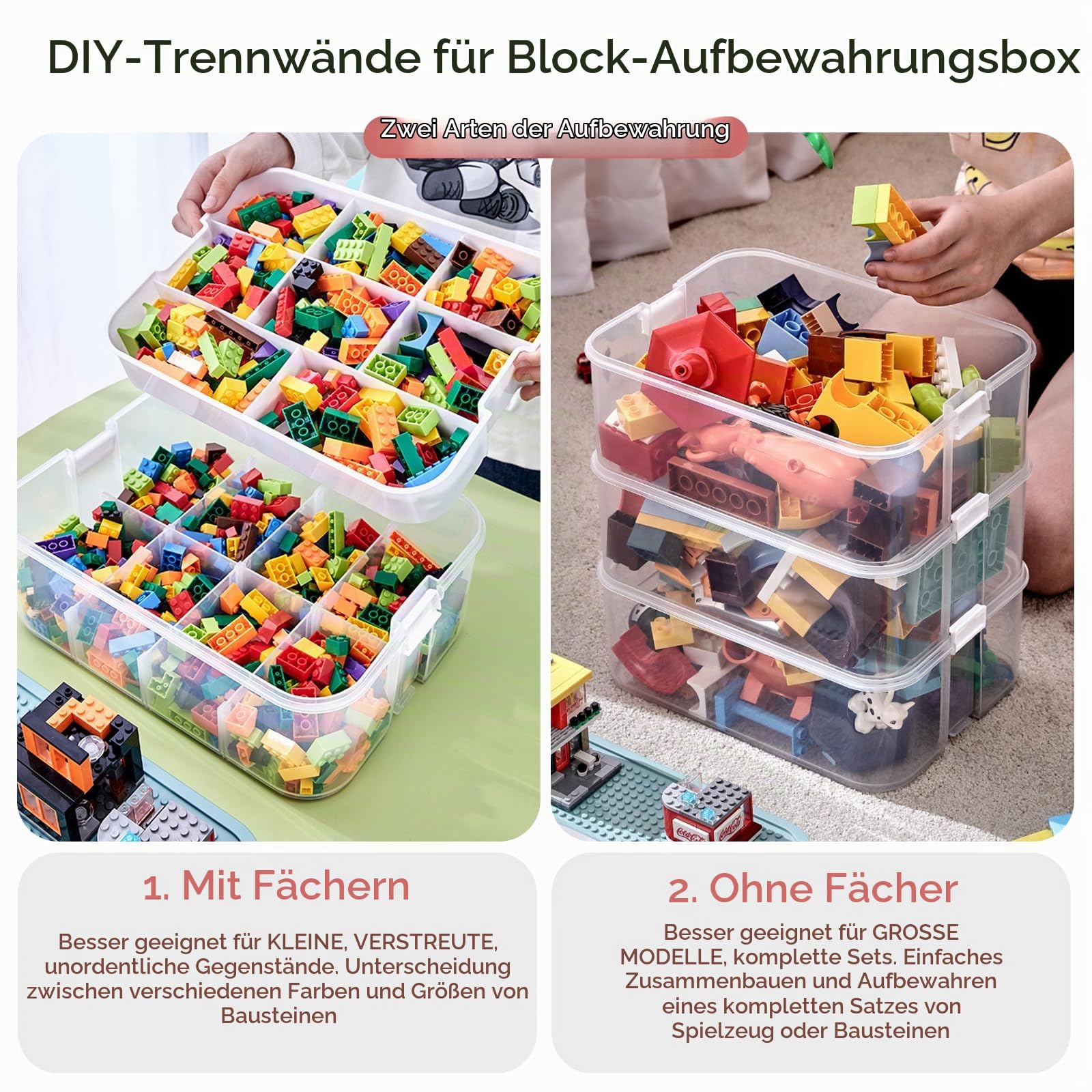 Kinder Aufbewahrungsbox mit Deckel für Lego Bausteine, 3 Stufen | Aufbewahrungsboxen für Lego, Stapelbar Kunststoff Aufbewahrung Transparent mit FäChern zur Aufbewahrung von Kinderspielzeug