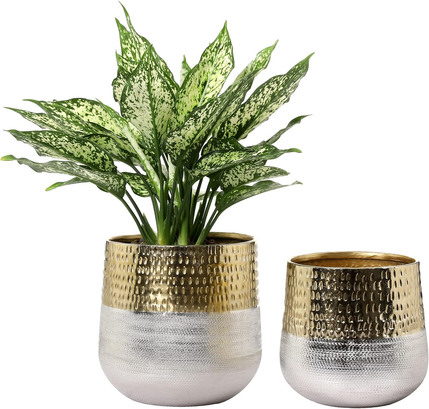 MyGift Set of 2 Hammered Brass & Silver Tone Metal Indoor Planter Pots - Handcrafted Round Two-Toned Vases for Plants, Herbs & Flowers