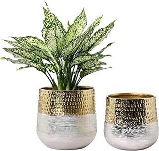 12 Glam Office Ideas for Chic Modern Style 57 MyGift Round Two-Toned Indoor Planter Pot, Hammered Brass and Milled Emb...