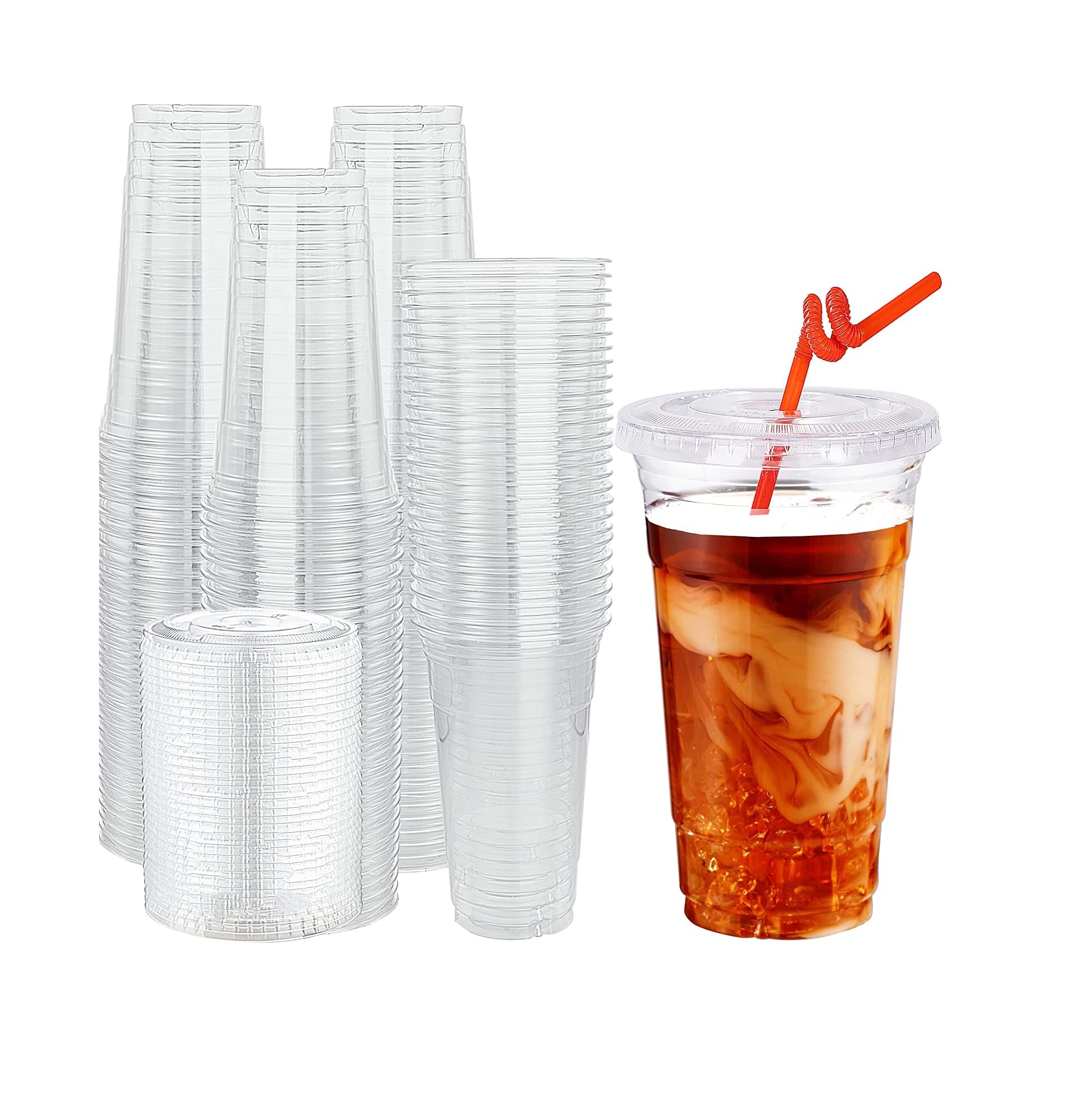 Vsell24™ 50PC Disposable Drinking Plastic Cup 24oz For Smoothie Coffee Water Juice Cups With Flat Lid Clear (50, 24oz)