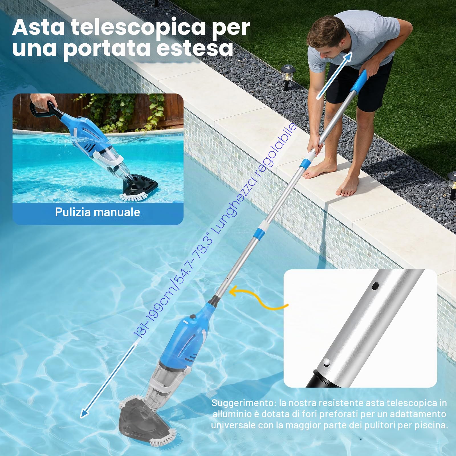 Potente Aspirapiscina con Batteria, Aspiratore Piscina Ricaricabile, Aspirazione 40L/min, Asta Telescopica 131–199cm, 2 Filtri Forte Aspirazione per Piscine, Vasche, Spa