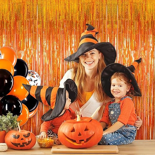 Miniatura 8 de Melsan - Cortina de flecos de oropel más gruesa mejorada, paquete de 3, 3.2 x 8.2 pies, serpentinas metálicas naranjas con cinta adicional, para