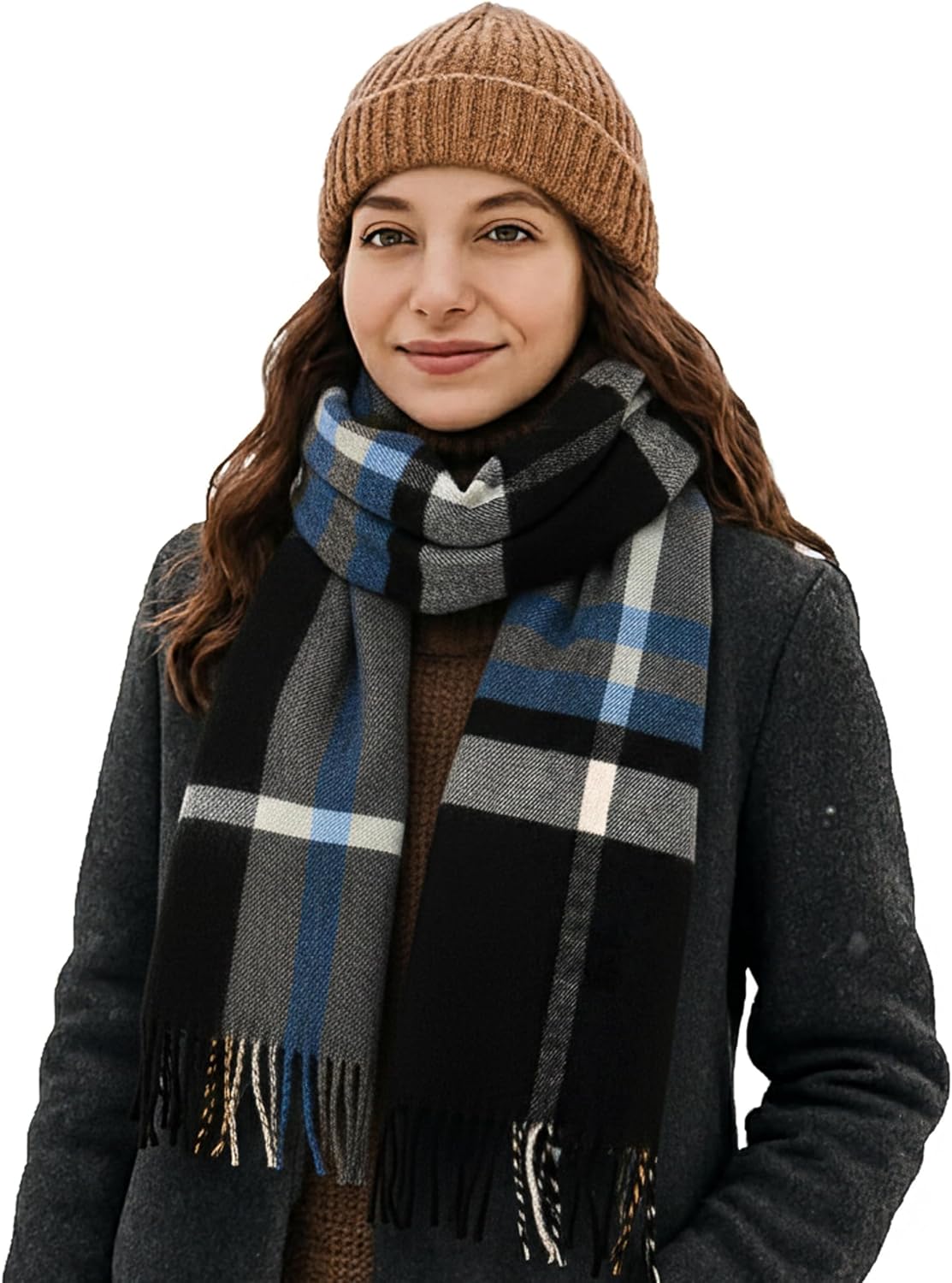 Soft Cashmere Feel Scarf for Women Men Feel Luxurious Winter Shawl Wrap Gift Warm Cozy Extra Soft Comfortable Wear All Day (Brown Blue Plaid) - Image 2