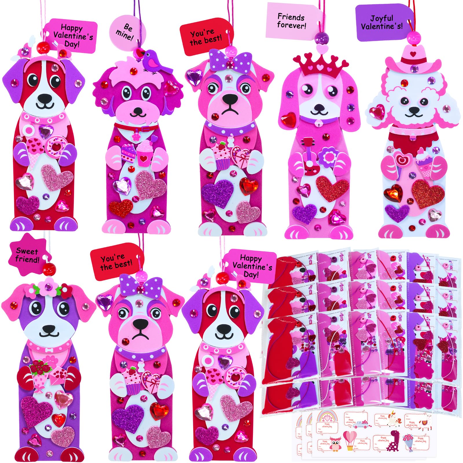 Winlyn 24 Sets Valentinstagsdekorationen, DIY-Herz-Hunde-Ornament, Lesezeichen, Valentinstag-Bastelsets, blanko, Schaumstoff-Lesezeichen mit Herz-Schaumstoff-Aufklebern für Kinder, Klassenzimmer