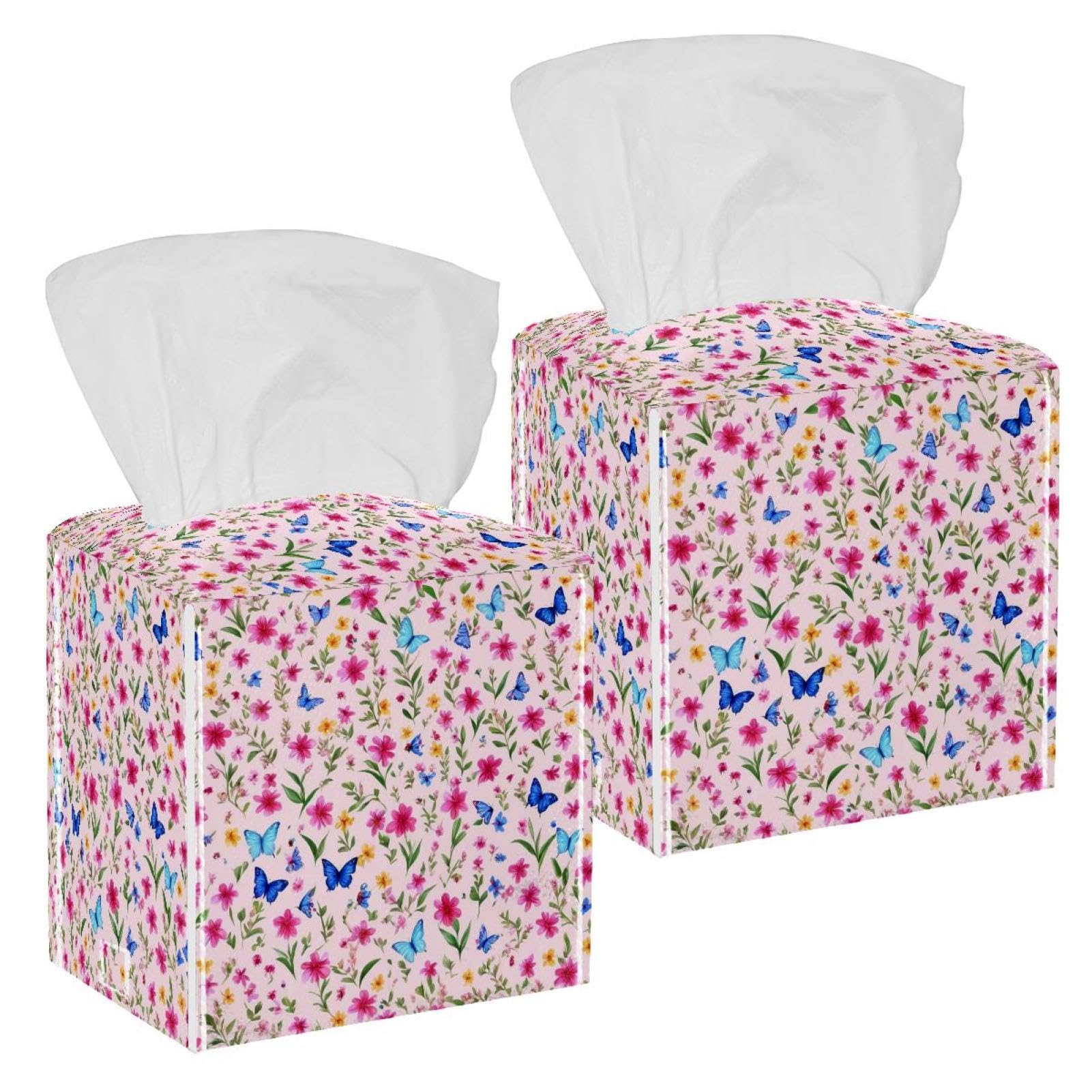 Aesthetic Butterfly Tissue Box Cover, 2 Pack PU Leather Square Facial Tissue Dispenser Box holder for Home Office Car