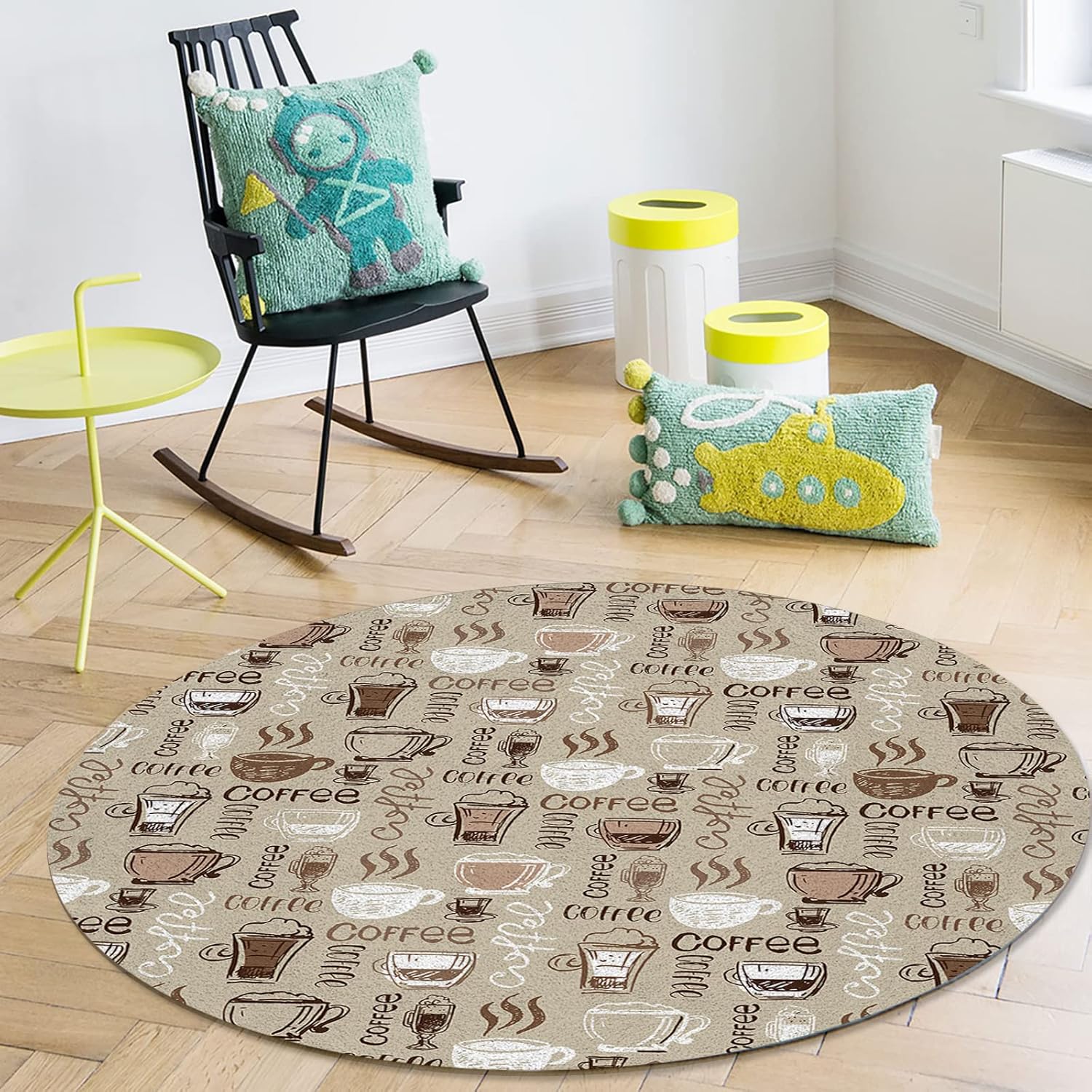 Indoor Round Area Rug 6 Ft, Coffee Theme NonSlip Runner