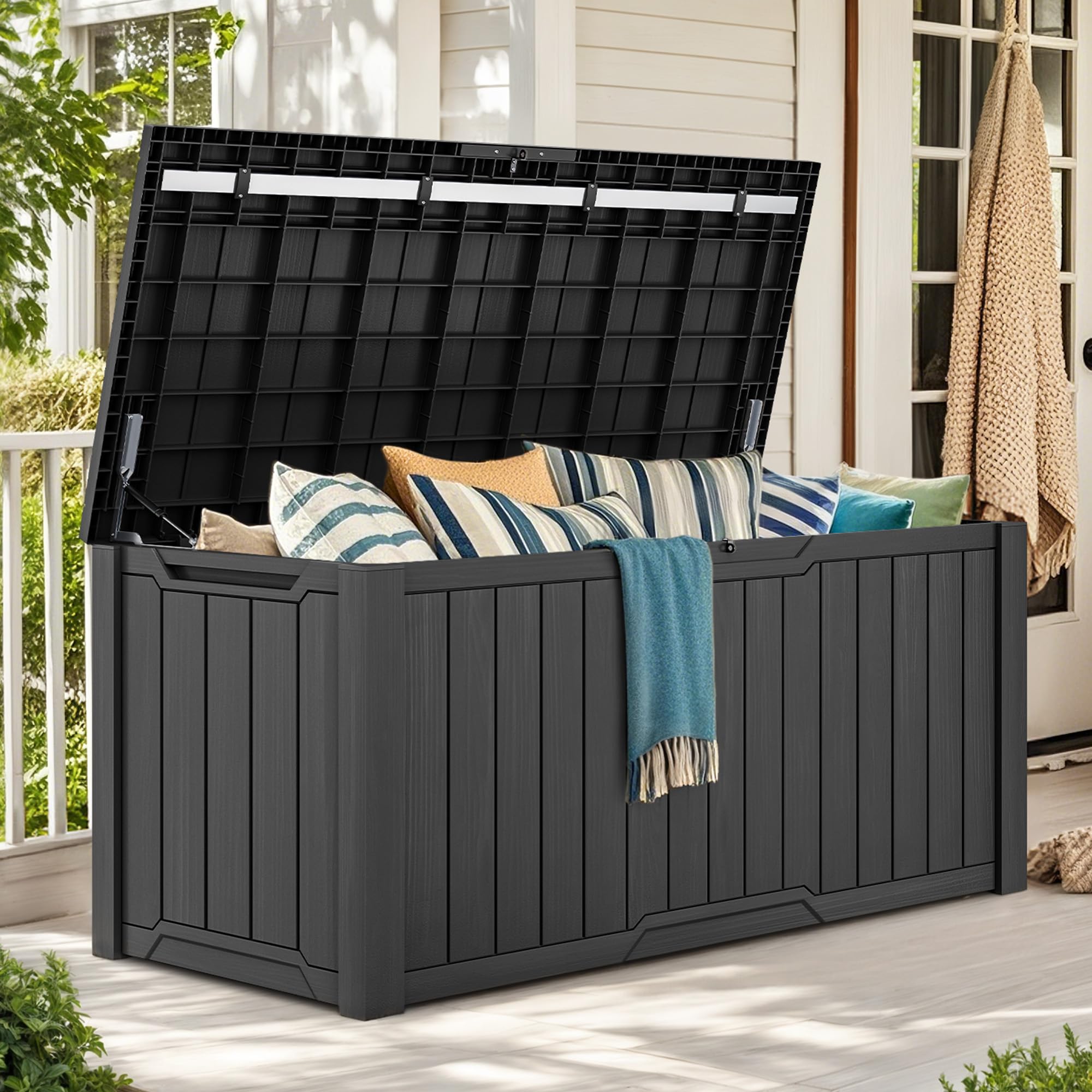 YITAHOME Outdoor Storage Box, 230 Gallon Waterproof Deck Box for Garden Tools, Patio Cushions, and Pool Accessories, Lockable, Easy Assembly, Versatile Bench or Table (Dark Gray)