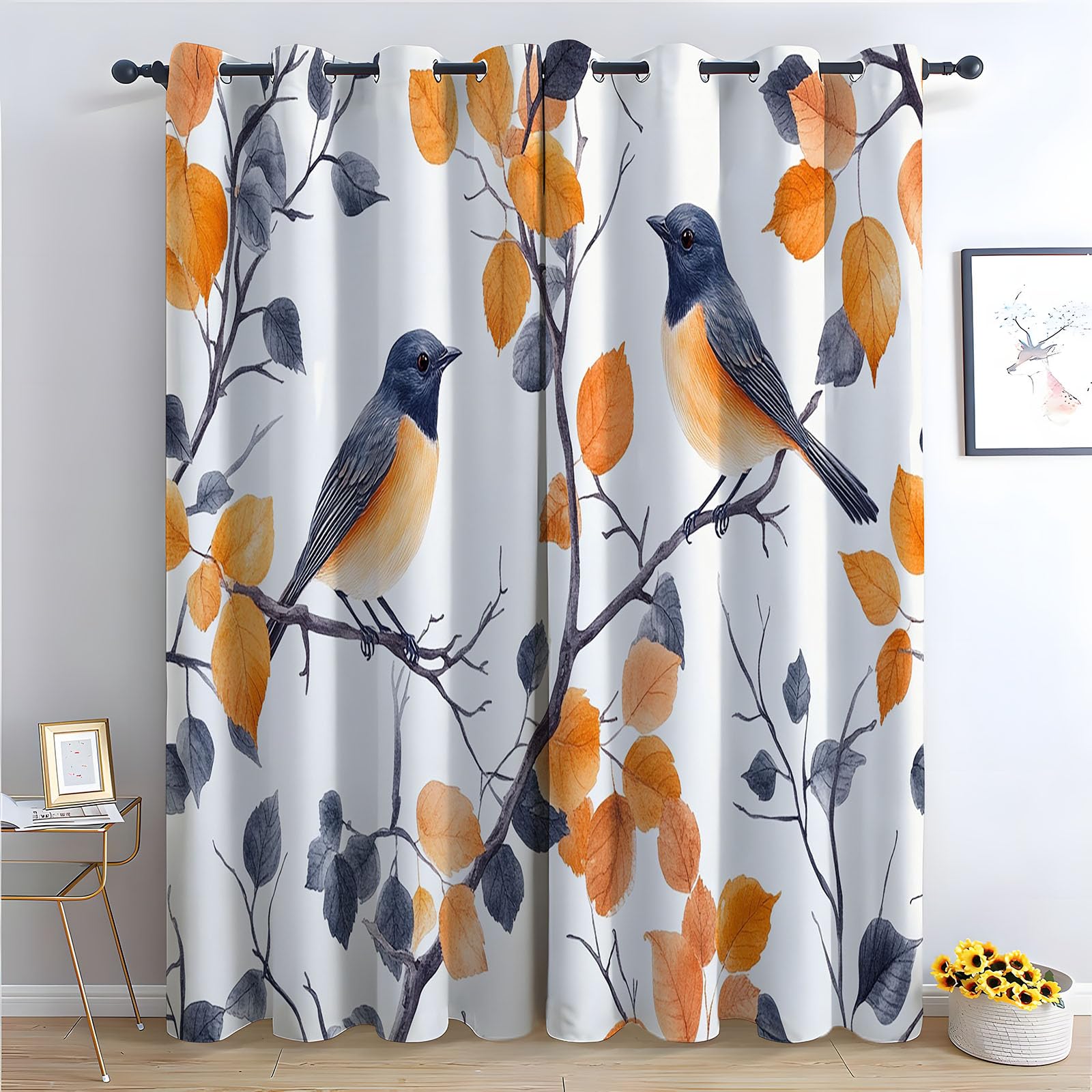 TERUEA Nature Scenery Scenery Decoration Curtains Watercolor autumn branch orange birds grey leaf white Curtains Cloth Fabric Decor-52 W x 84" L (Pack of 2)