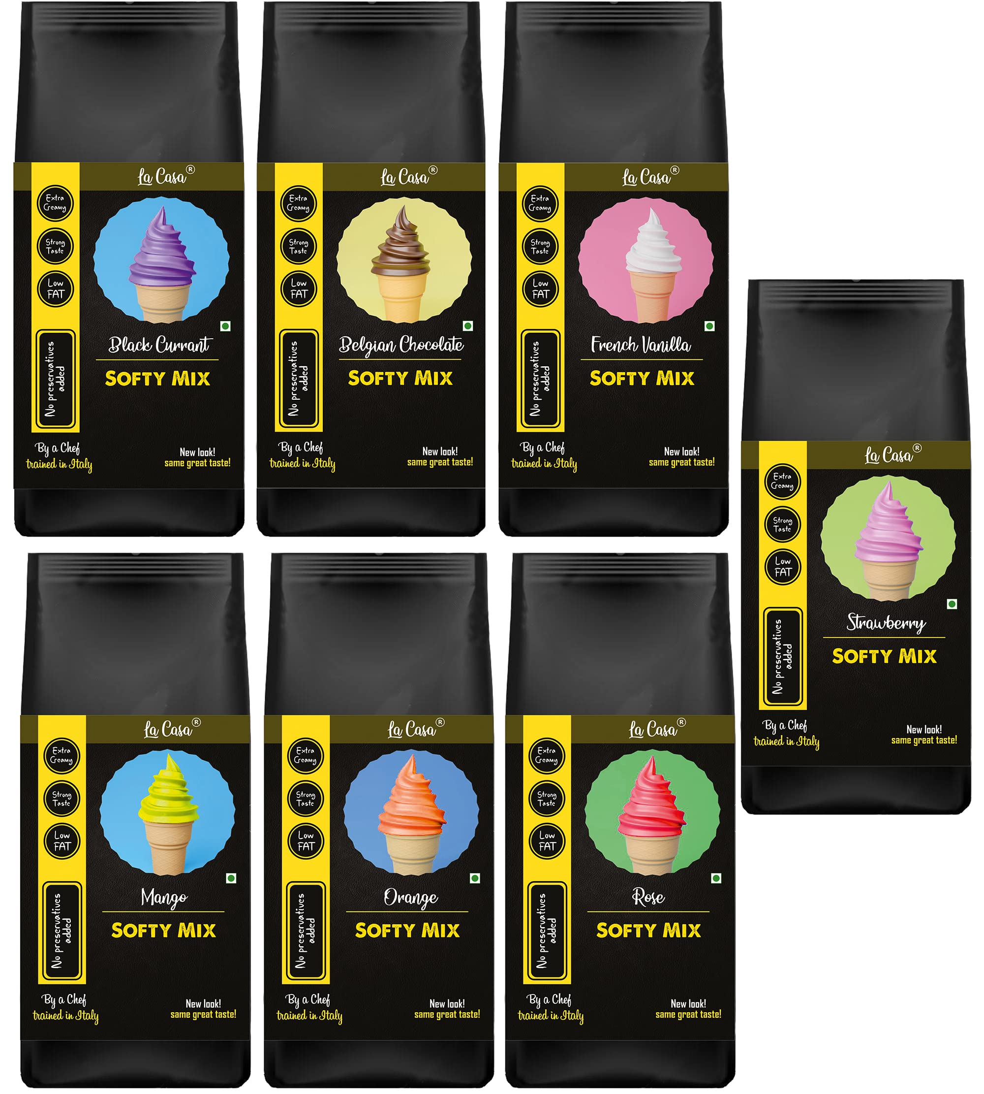 La Casa Soft Serve or Softy Premix | Combo Pack of 7 | Extra Creamy & Strong Flavor | 7x250g |