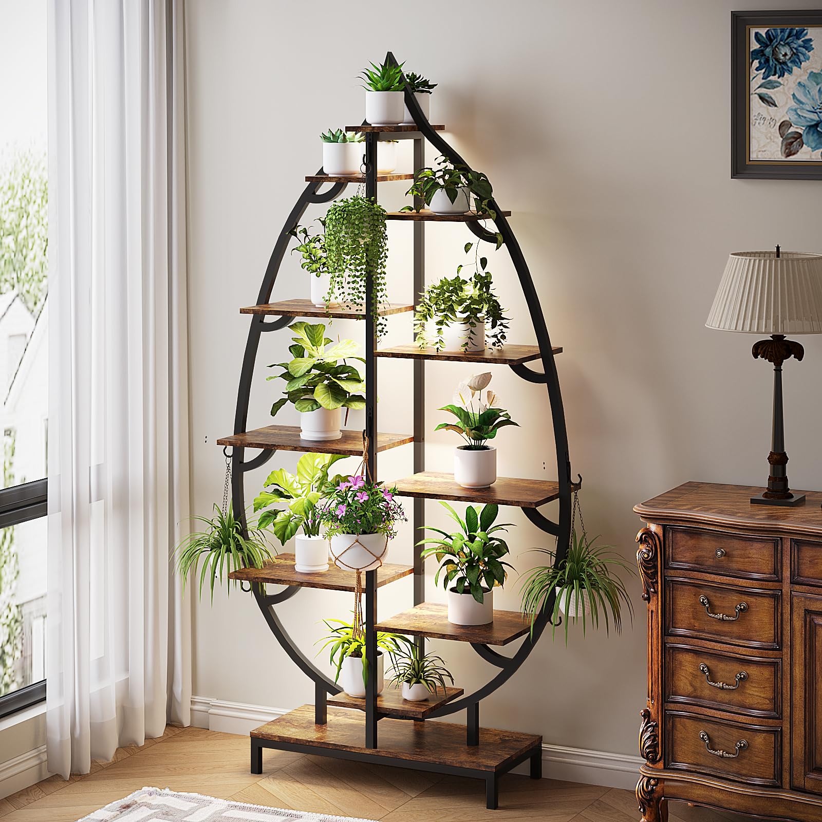 Bonnlo Pflanzenständer mit Wachstumslicht, Blumenständer Blatt-Design, Pflanzenregal natürlich, Blumenregal Eisenholz für Balkon, Wohnzimmer, Garten, Büro, 160x84x26 cm, vintage