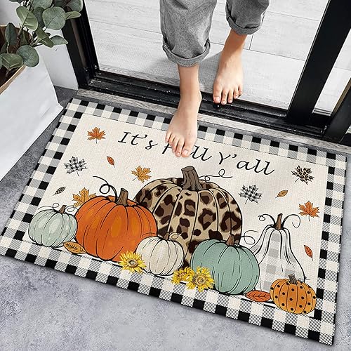 Welcome Doormat Thanksgiving Pumpkin Fall Maple Leaf,Non Slip Indoor Floor Mat Bath Rug,Plaid Entrance Carpet for Bedroom Kitchen Living Room