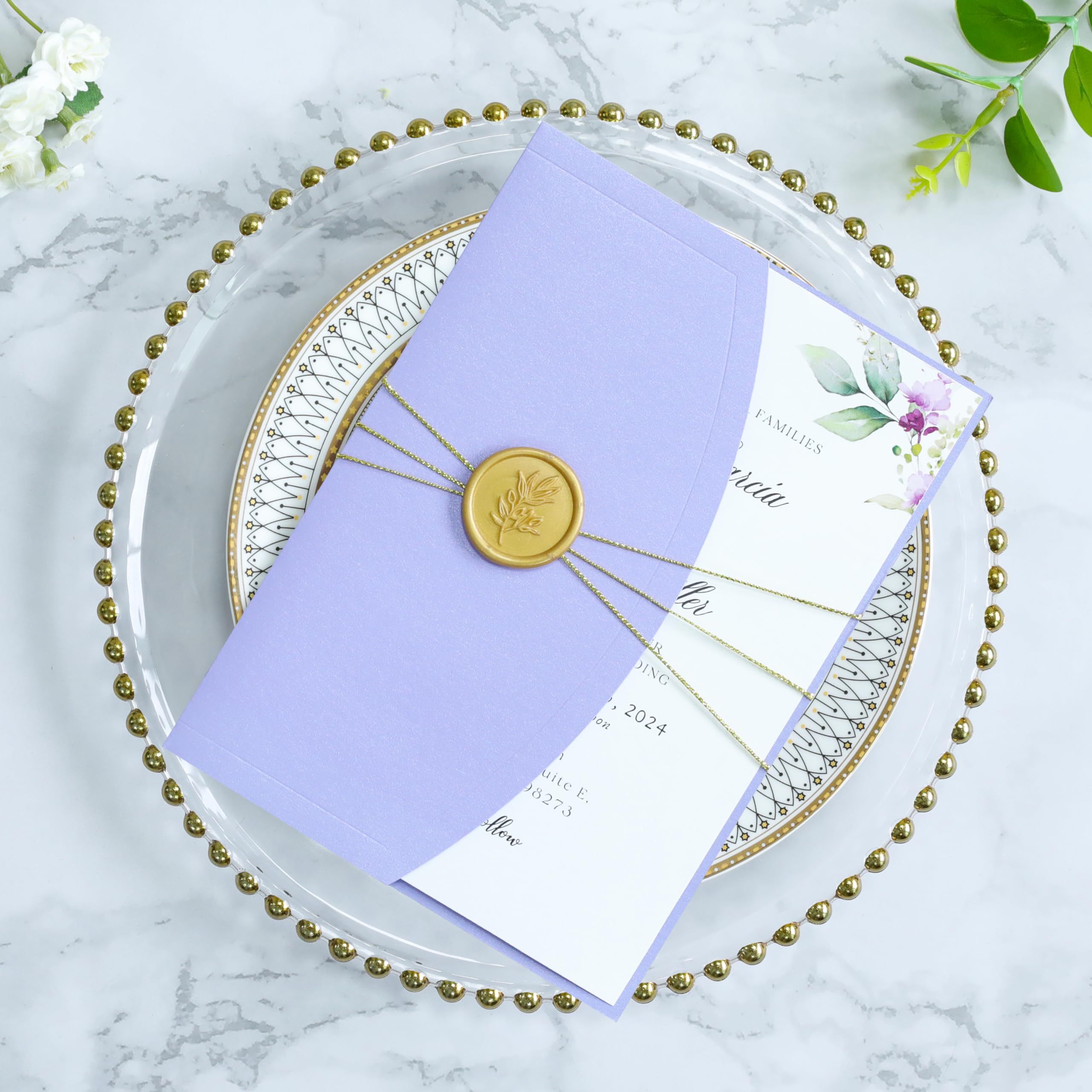 PONATIA 20PCS Wedding Invitation Cards Kits - 5x7 Wrap Pocket Invitation Cards with Envelopes, Gold Wax Seals, Ribbons For Weddings, Baby Shower,