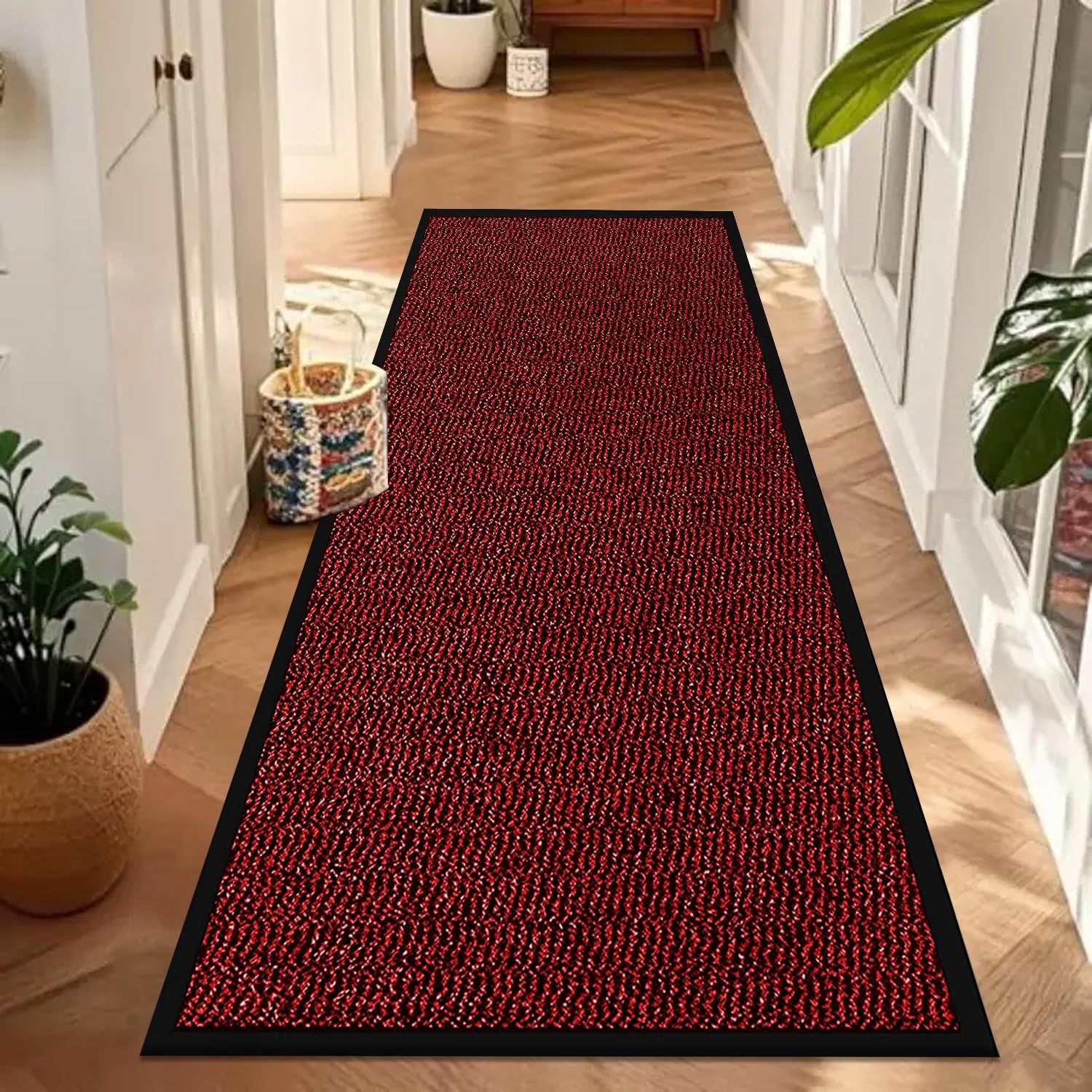 B&B Heavy Duty Rubber Runner Mat Indoor & Outdoor Non Slip Small Large Rubber Backing Runners Rug - Washable Kitchen Doormat Runner Rugs for front Door (90 x 150 cm, Red)
