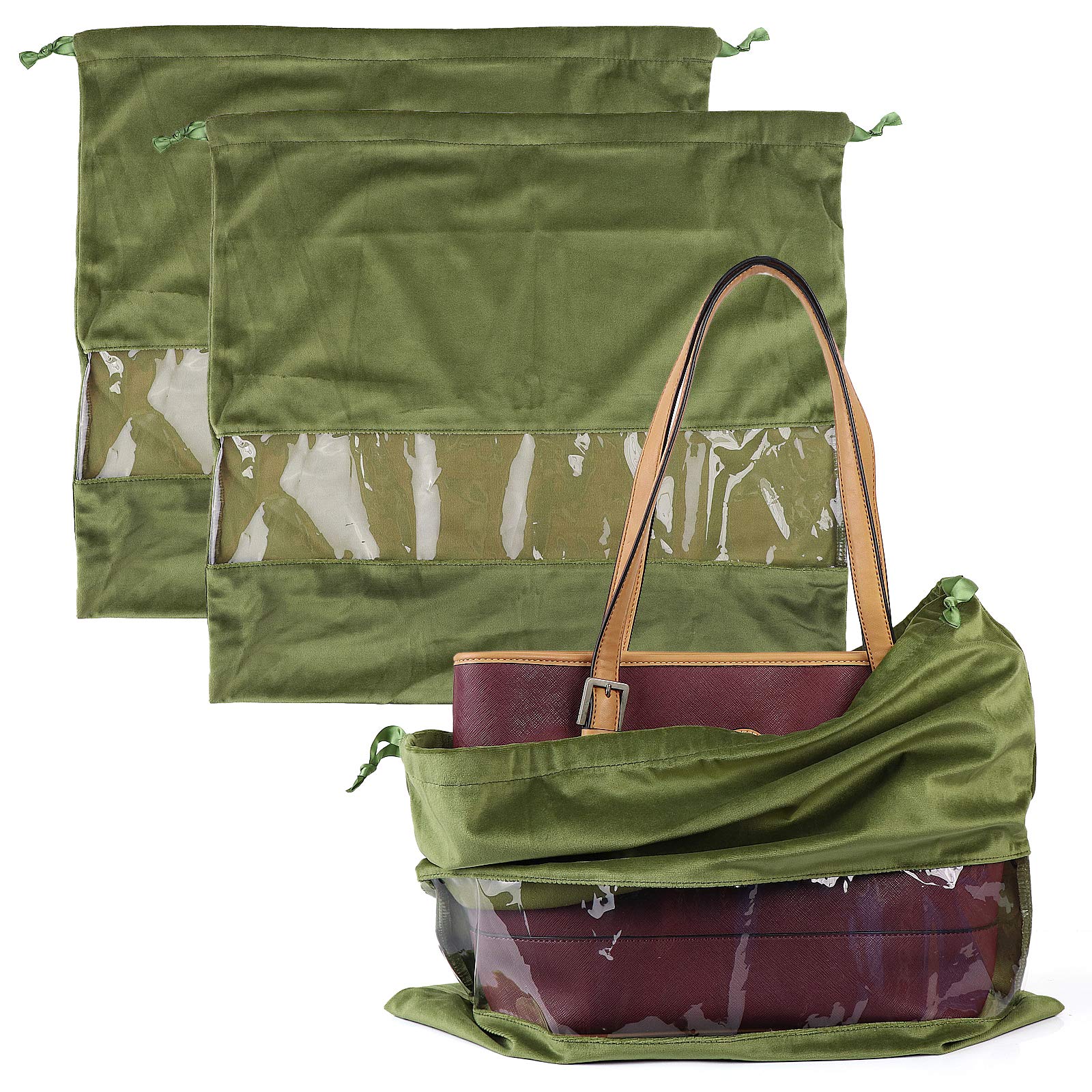 PlasMaller Dust Cover Storage Bags Terylene Flannel Drawstring Pouch with Clear View Window For Handbags Purses Pocketbooks Shoes Boots Set of 2, Green, 17.7 x 15.7 in,