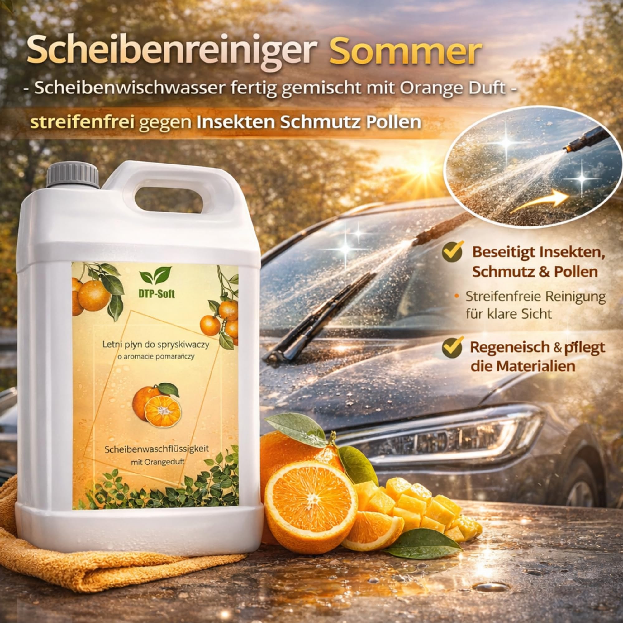 Scheibenreiniger 20L / 1x20 liter Sommer - Scheibenwischwasser fertig gemischt mit Orange Duft - streifenfrei gegen Insekten Schmutz Pollen