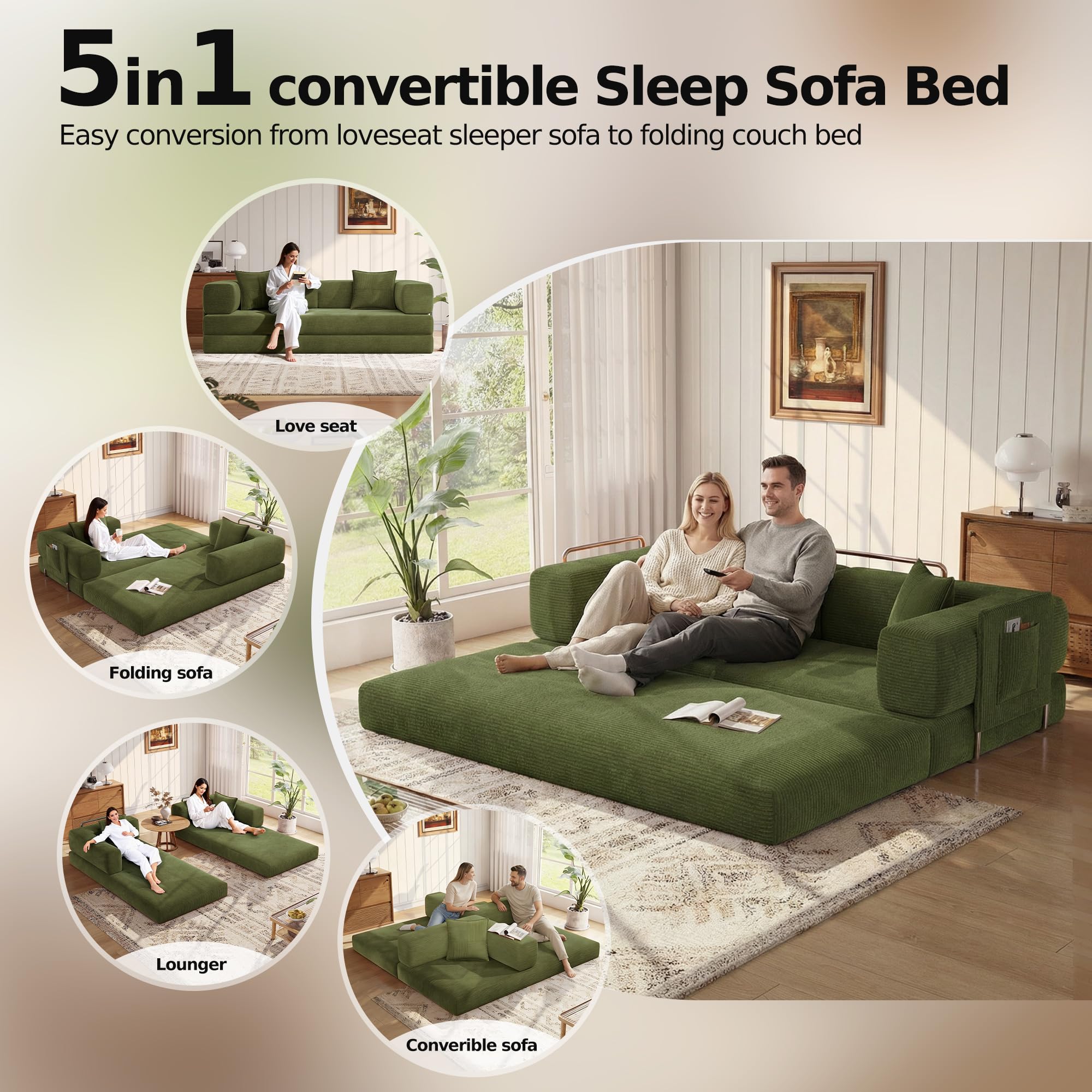 MoonSpeak 78.8'' Futon Sofa Bed, Boneless Couches for Living Room | Corduroy Convertible Futon Sofa Bed with Storage Pocket, Modular Sleeper Couch in a Box, No Assembly (Green)