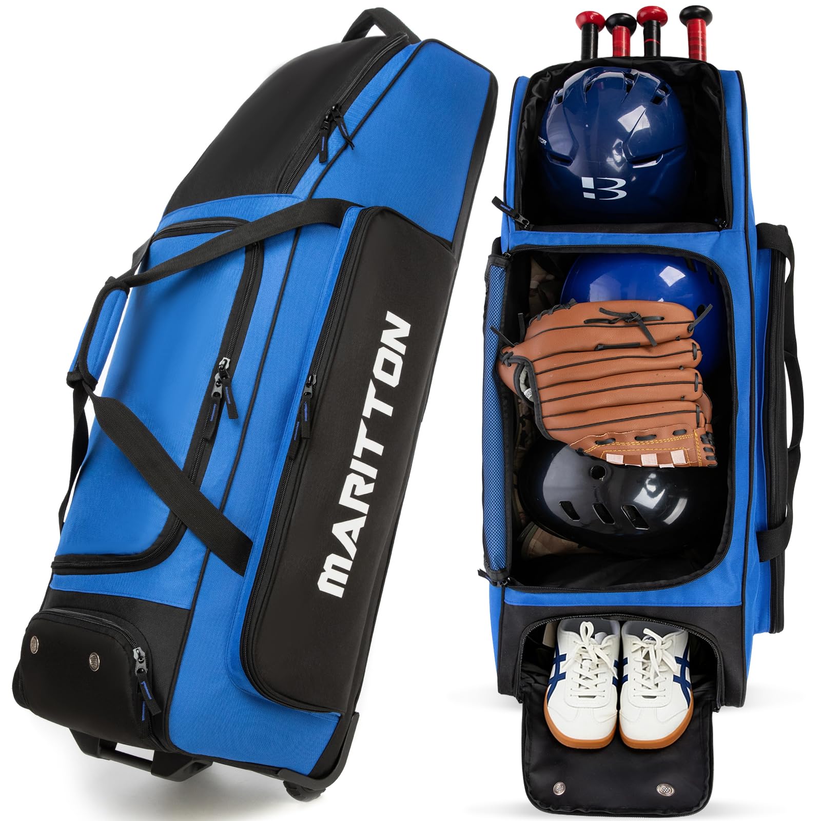 Rollende Baseballtasche mit Rollen, große Softballfänger, Ausrüstungstaschen für 4 Schläger mit separatem Schuhfach und Zaunhaken.