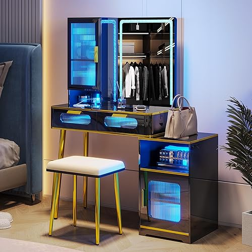 Miniatura 8 de FOMNEY Escritorio LED con espejo y luz, escritorio de maquillaje con estación de carga 3 en 1, juego de tocador con taburete tapizado, mesa de