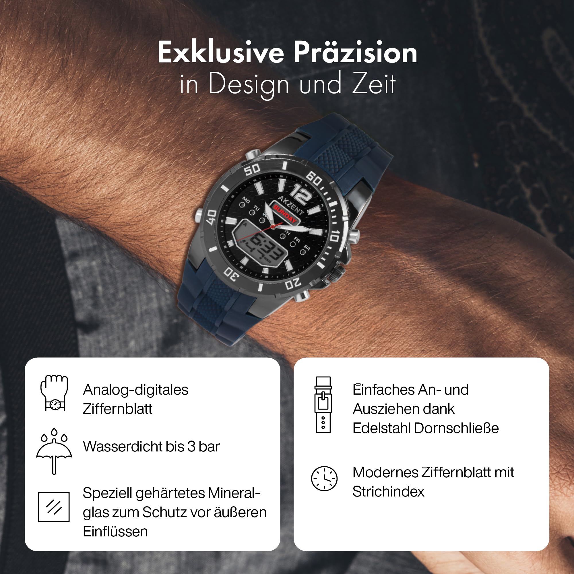 Akzent Orologio da uomo in silicone, lancette luminose, analogico, digitale, 2420025, Blu