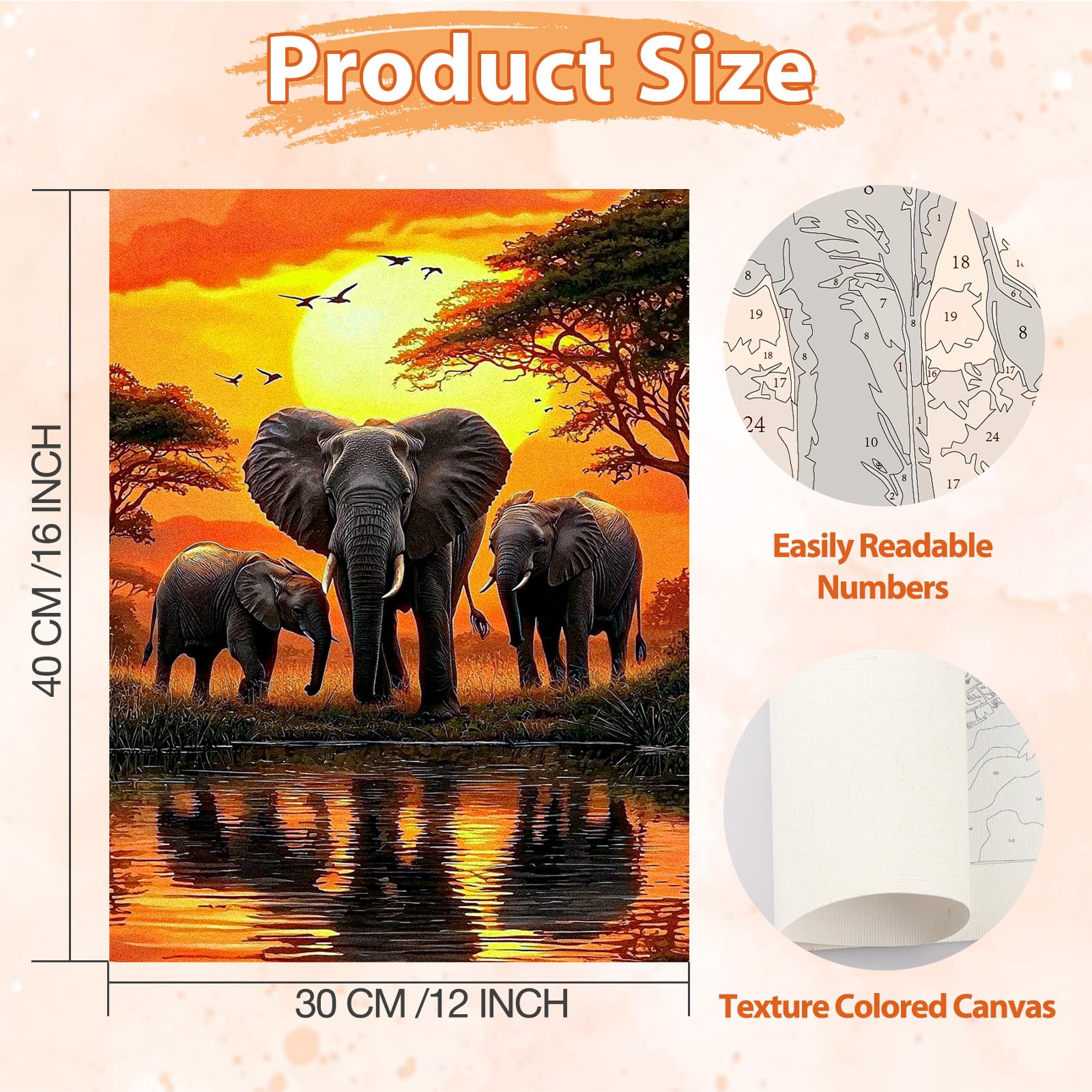 KEYIFA Kit Peinture Par Numéros Éléphant 30x40cm - Toile Prédécoupée Avec Peintures Et Pinceaux