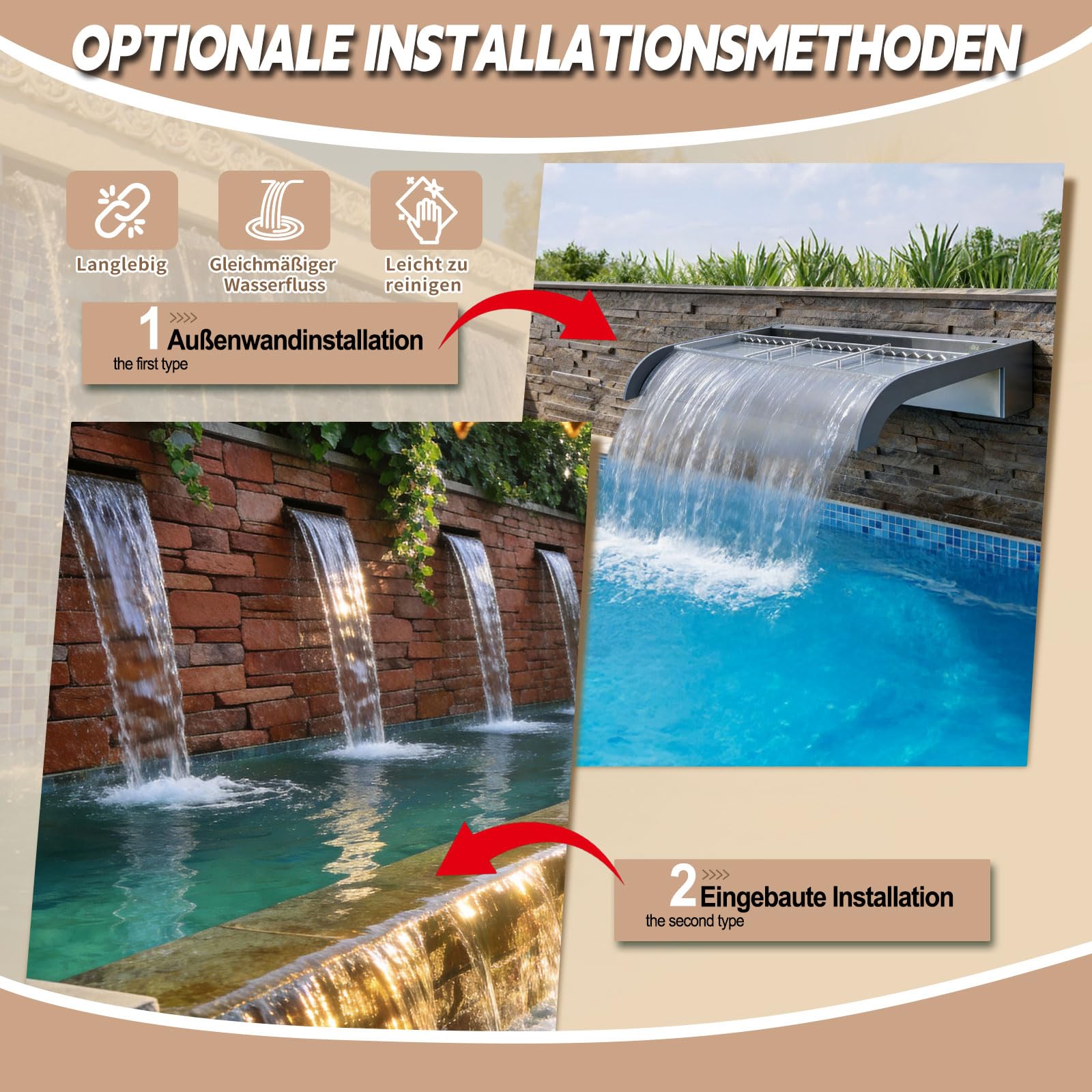 Fontana per piscina con copertura, troppopieno a cascata per laghetti coetanei – 60 cm in acrilico trasparente per piscine, laghetti da giardino, terrazze e come decorazione per aree benessere