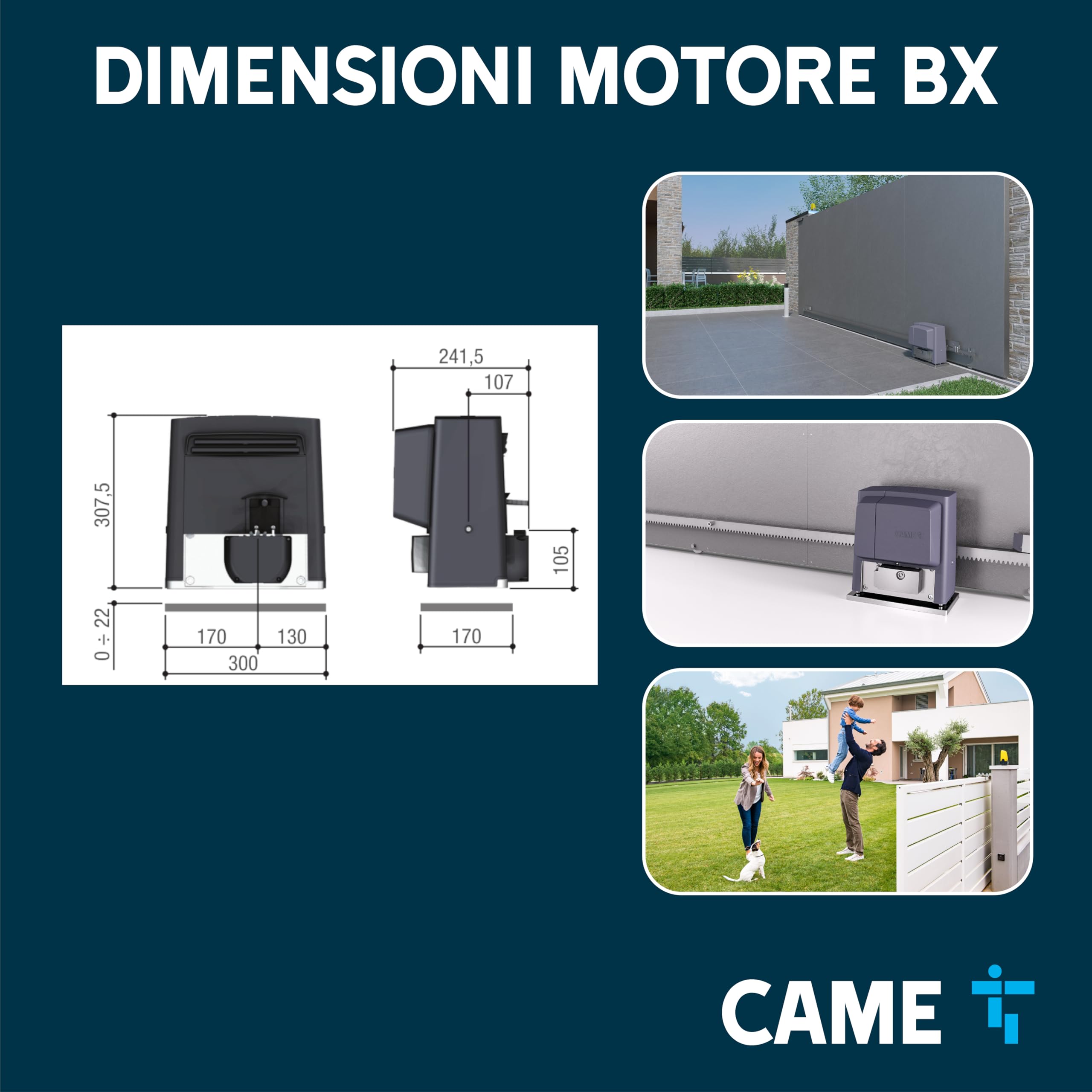CAME Kit automazione BX a 230 V per cancelli scorrevoli fino a 14 m e 800 kg residenziali a uso intensivo include motore, scheda radiofrequenza, coppia di fotocellule, lampeggiante e trasmettitore