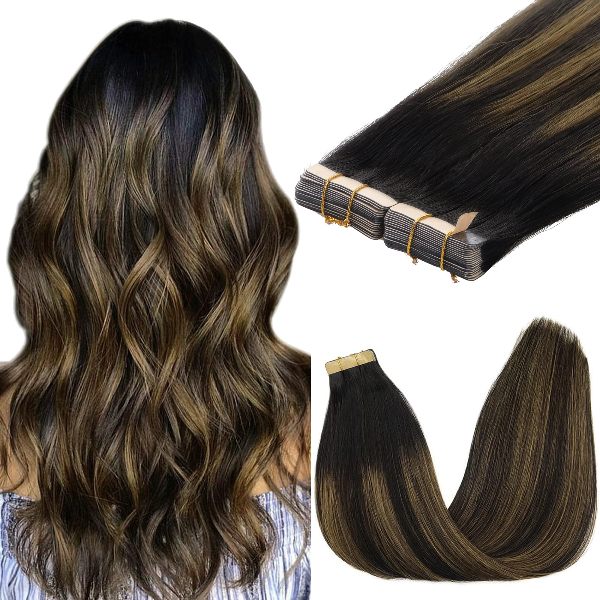GOO GOO Tape in Hair Extensions Human Hair, 20pcs 50g 16inch, Balayage Chocolate Brown to Strawberry Blonde Real Remy Hair Extensions Seamless Straight Human Hair Extensions — view 53