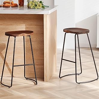 HeuGah Bar Stools, Solid Wood Barstools Set of 2, 30" Bar Height Bar Stools with Metal Leg, Rustic Backless Bar Stools for Kitchen Island, Bar Chairs with Solid Wood Saddle Seat (Walnut, 30 Inch)
