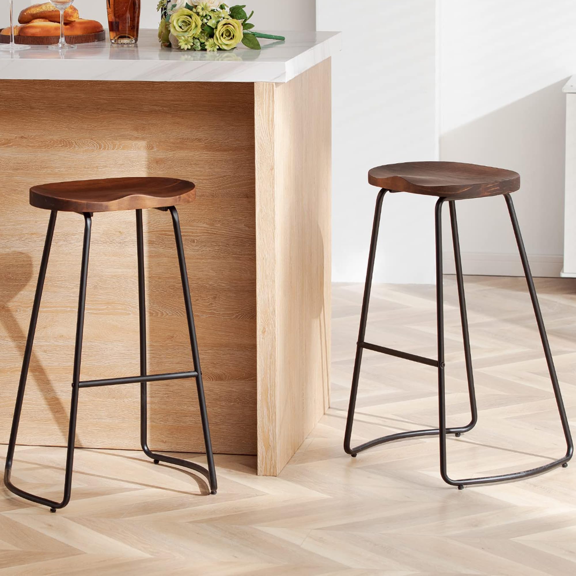 HeuGah Bar Stools Set of 2, 30" Bar Height Bar Stools with Metal Leg, Rustic Backless Bar Stool for Kitchen Island, Bar Chairs with Solid Wood Saddle Seat (Walnut, 2 PCS 30Inch Bar Stools)