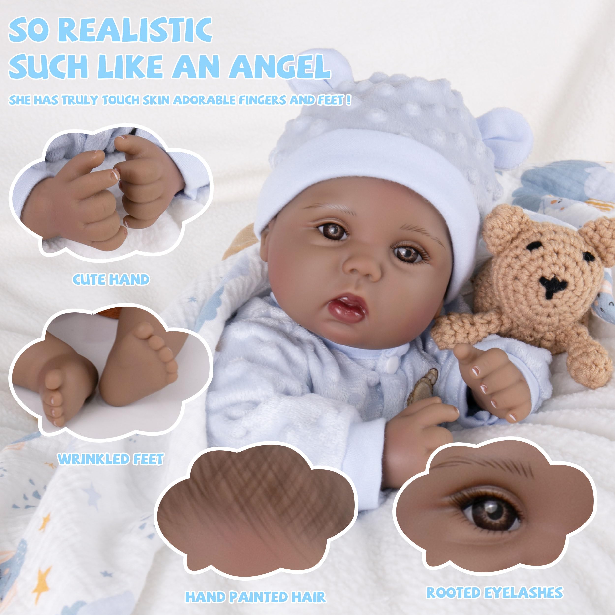 Milidool Black Reborn Baby Dolls Boy 18 Inch Lifelike Black Silicone Baby Dolls That Look Real African American Newborn Boy Dolls Realistic Baby Doll with Bear Clothes Gift Set for Ages 3+