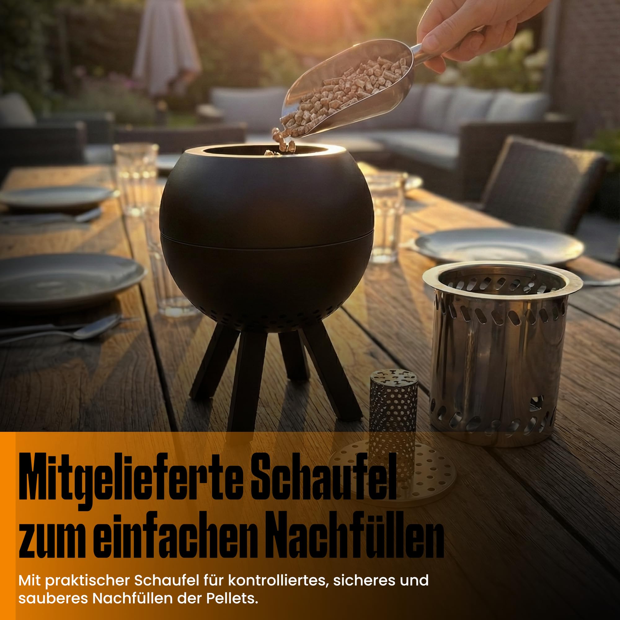 Rauchfreies Tischfeuer Outdoor – Tischkamin für Garten, Terrasse & Balkon – Kleine Feuerstelle für Pellets und Holz – Doppelwandige Stahlkonstruktion inkl. Schaufel – Schwarz