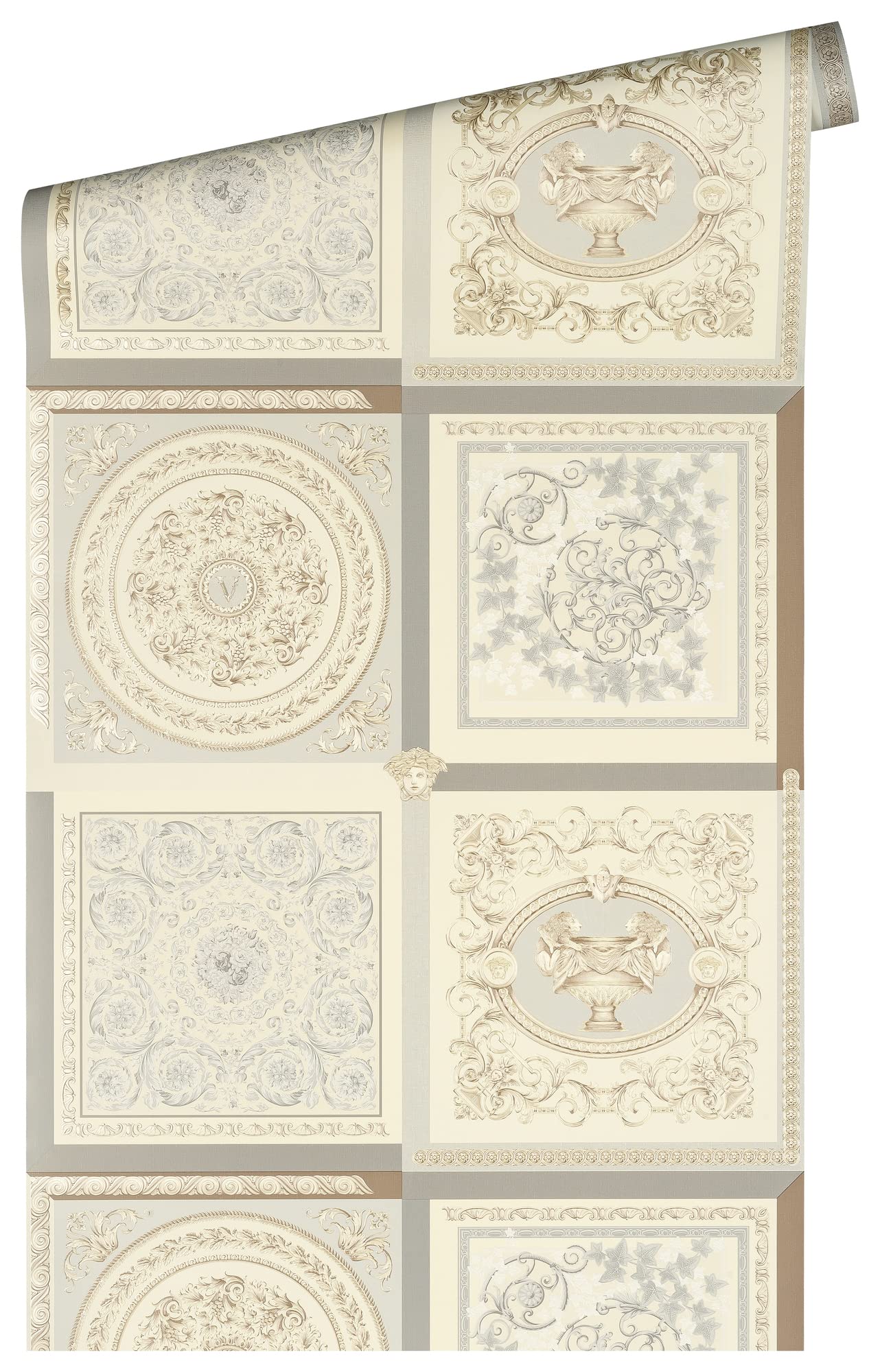 A.S. Création VERSACE 387042 Papier peint baroque de luxe Motif floral Gris/beige/argenté/blanc Logo Medusa 10,05 x 0,70 m Fabriqué en Allemagne
