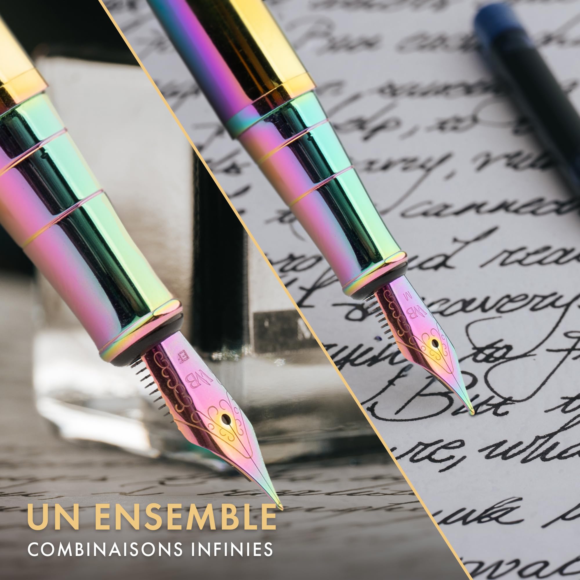 Wordsworth & Black Coffret stylo plume, plume m et extra-fine, arc-en-ciel | Pour hommes et femmes, corps en laiton, or 18 carats, flacon d'encre + 6 cartouches, convertisseur, écriture et calligraphie